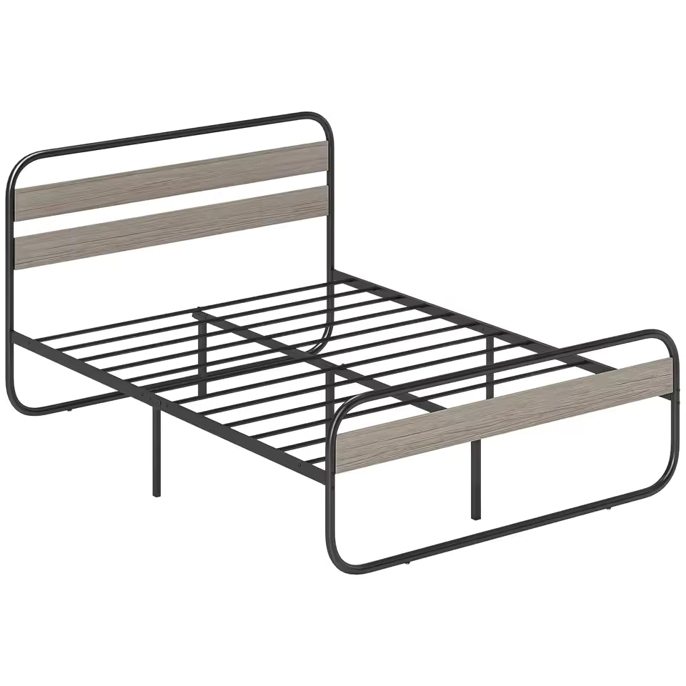 4ft6 Metal Platform Double Bed Frame with Wood Headboard – Industrial Style Bed with Underbed Storage