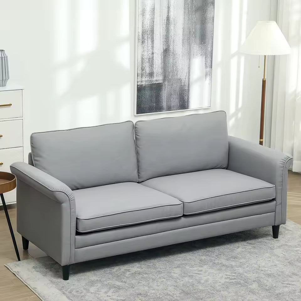 Modern 3 Seater Sofa – Grey Fabric Couch for Living Room, Deep Seat Linen Settee with Wooden Legs