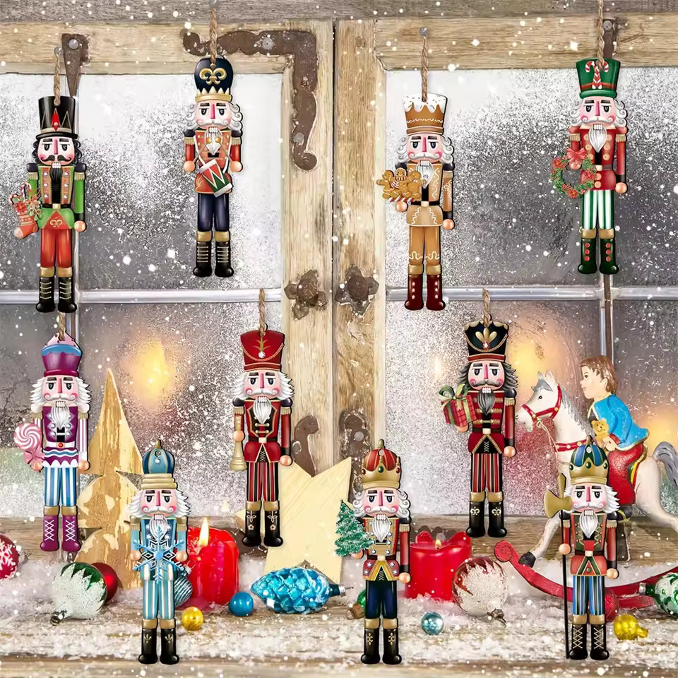 Set of 12 Wooden Nutcracker Soldier Christmas Baubles