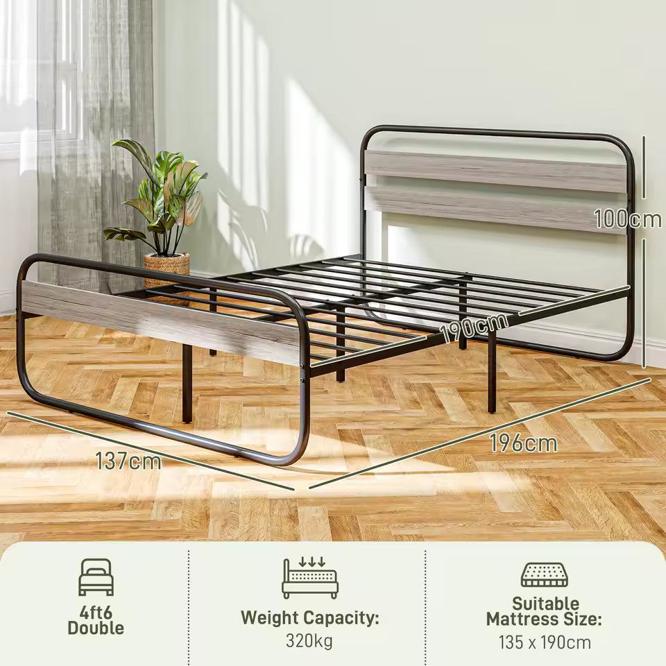 4ft6 Metal Platform Double Bed Frame with Wood Headboard – Industrial Style Bed with Underbed Storage