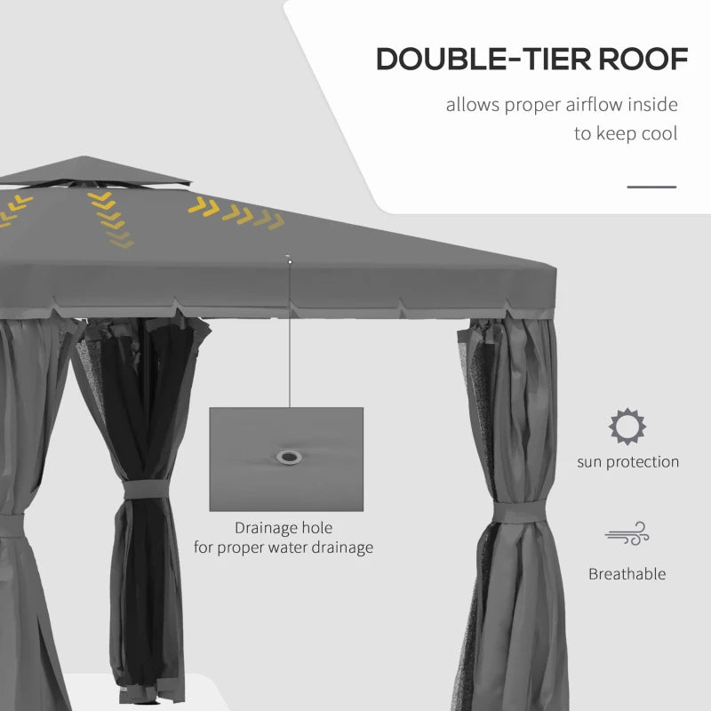 3 x 3m Patio Gazebo with Curtains & Mosquito Netting, Double Tier Water-Repellent Roof, Aluminium Frame Garden Pavilion Tent – Dark Grey