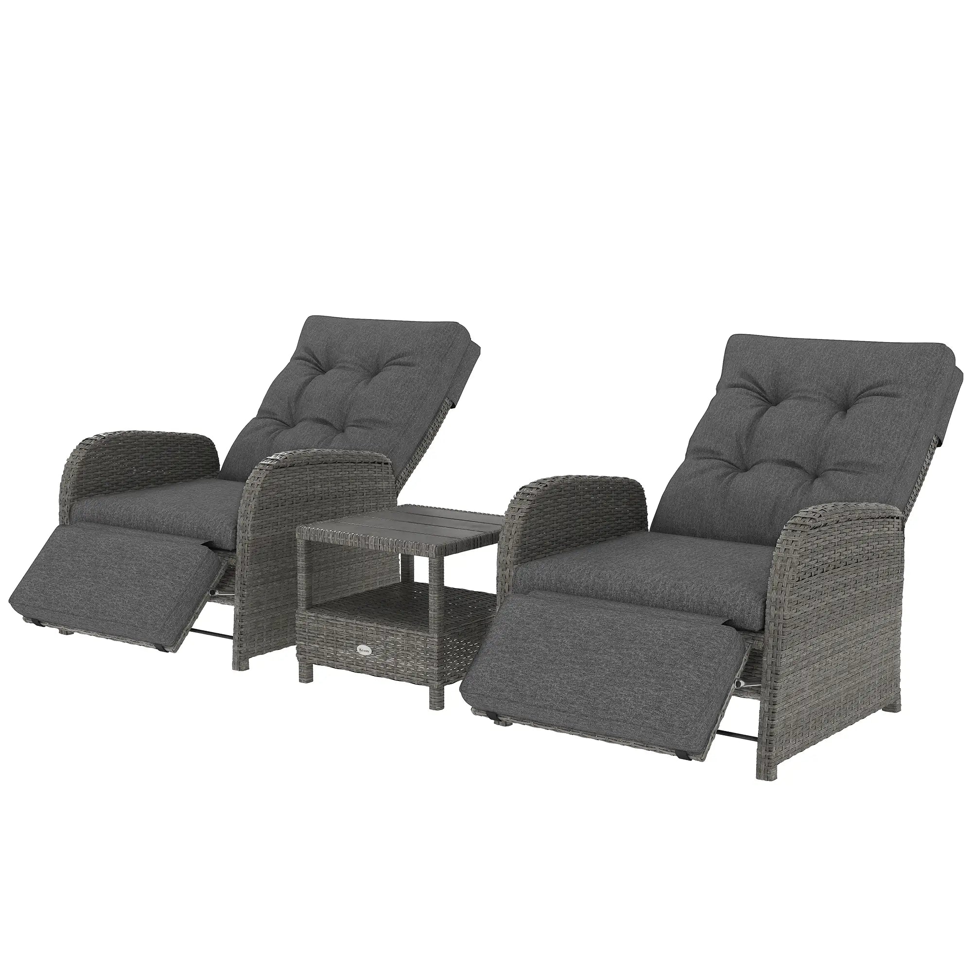 2 Seater Rattan Recliner Sofa Set with Cushions & Table, No Assembly Outdoor Wicker Lounge Chairs with Footrests, Adjustable Backrest – Grey