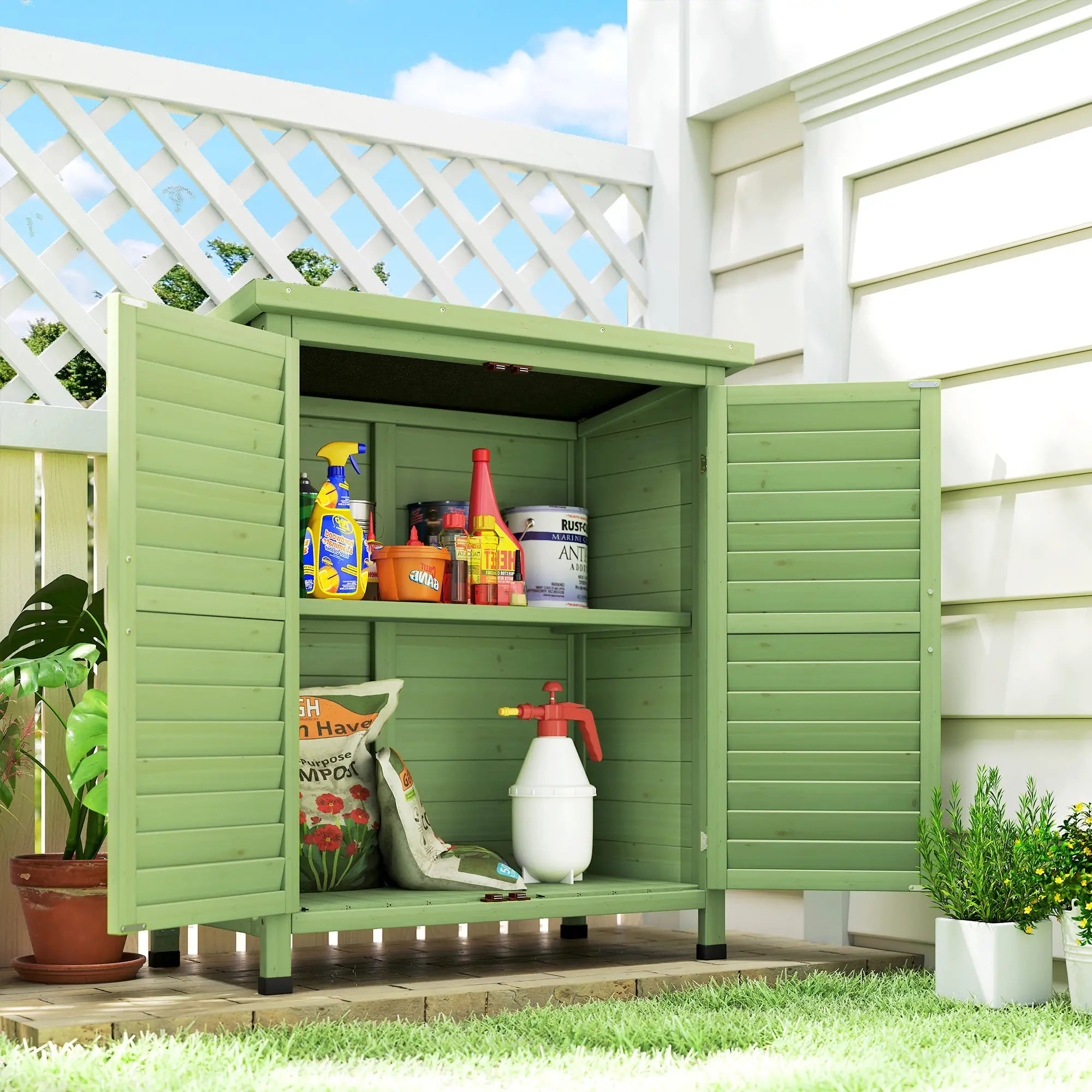 Wooden Garden Storage Shed with 2 Doors & Shelves – Solid Fir Wood Outdoor Tool Cabinet, Weather Resistant, Green, 87 x 46.5 x 96.5 cm