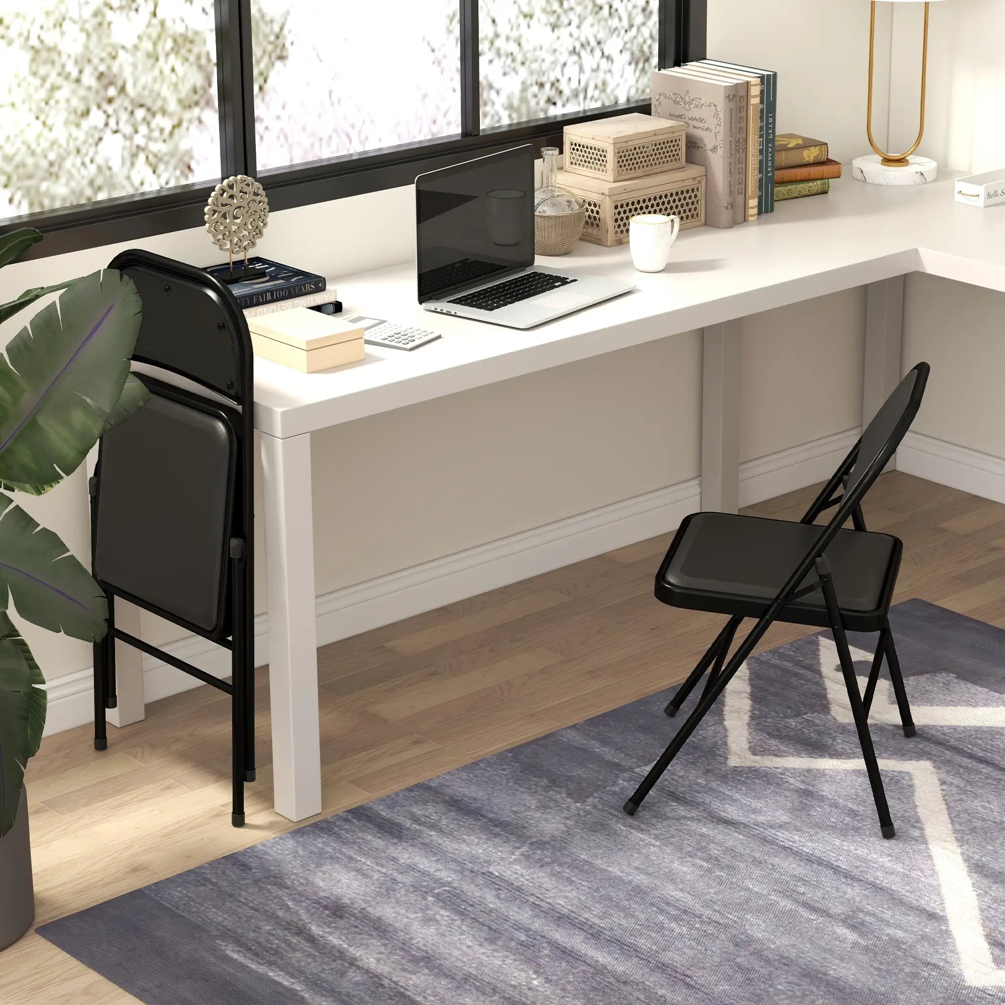 Set of 2 Cushioned Folding Chairs – Black Foldable Steel Frame Chairs with Padded Seat & Back