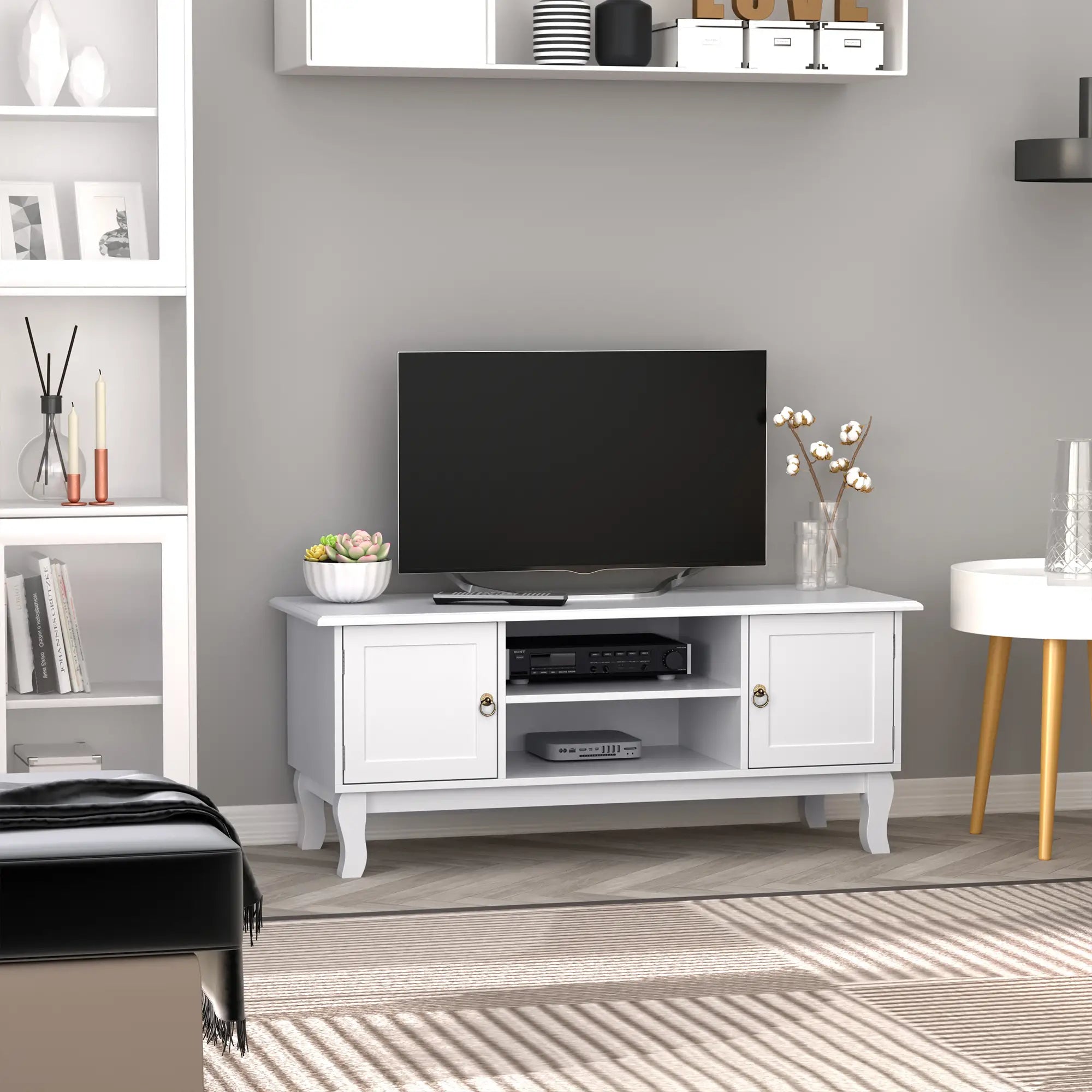 White TV Unit for TVs up to 55" – Modern TV Cabinet with 2 Doors, Open Shelves & Cable Management, 120cm Entertainment Unit
