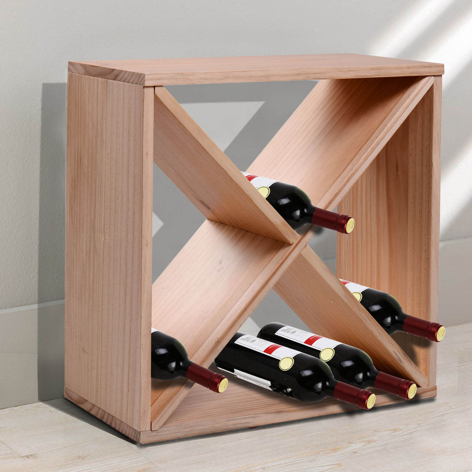 24-Bottle Wooden Wine Rack – Tabletop Wine Storage Stand, Square Pine Wood Bottle Holder