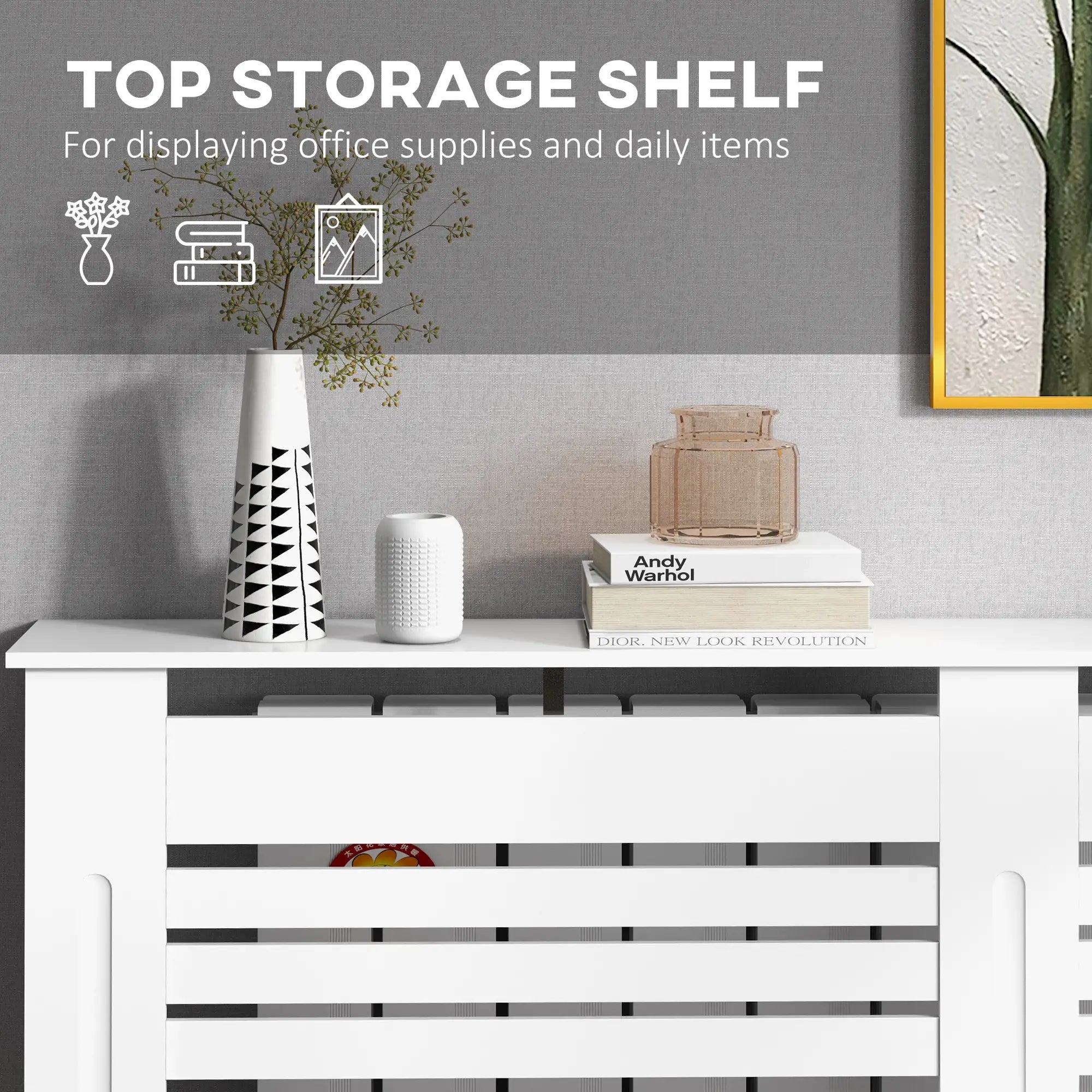 Radiator Cover Cabinet with Top Shelf – Modern MDF White Painted Heater Cover with Horizontal Slats, 152 x 19 x 81 cm