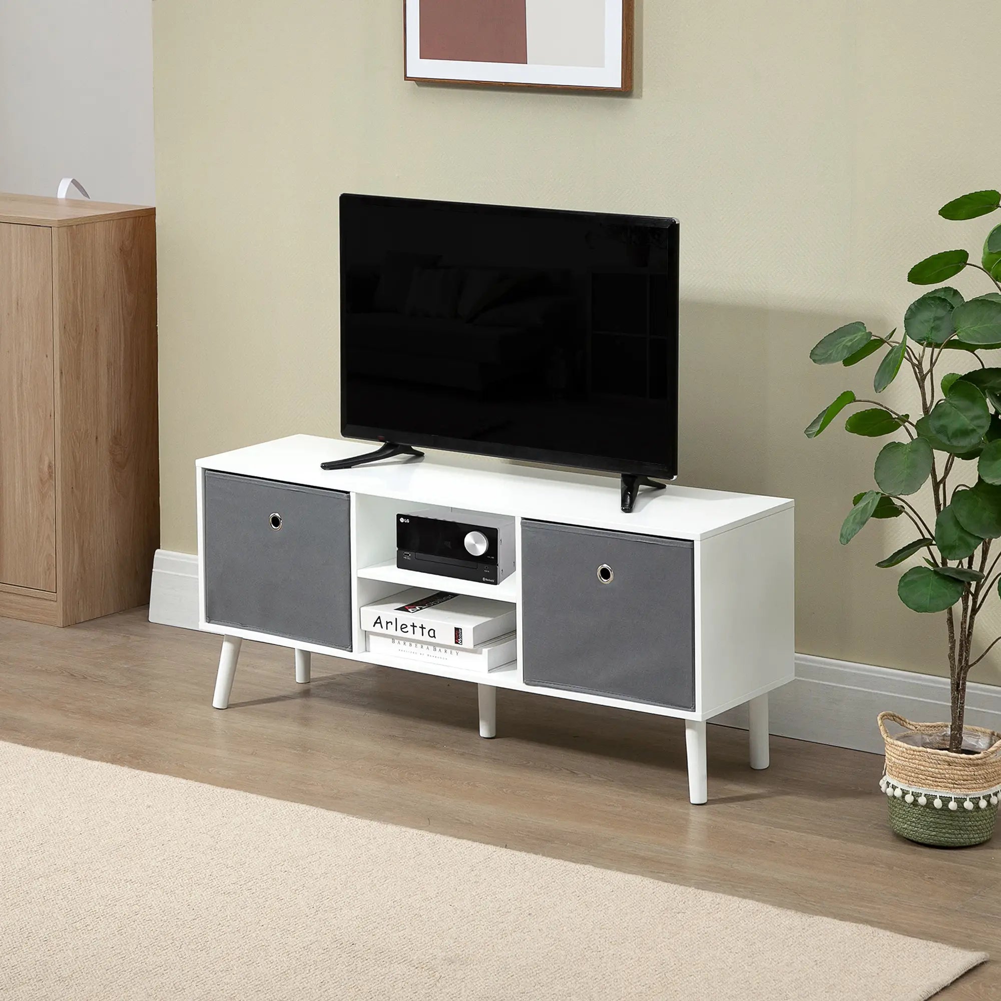 TV Stand for TVs up to 50 – White TV Cabinet with Foldable Drawers & Open Shelves, Modern Entertainment Unit