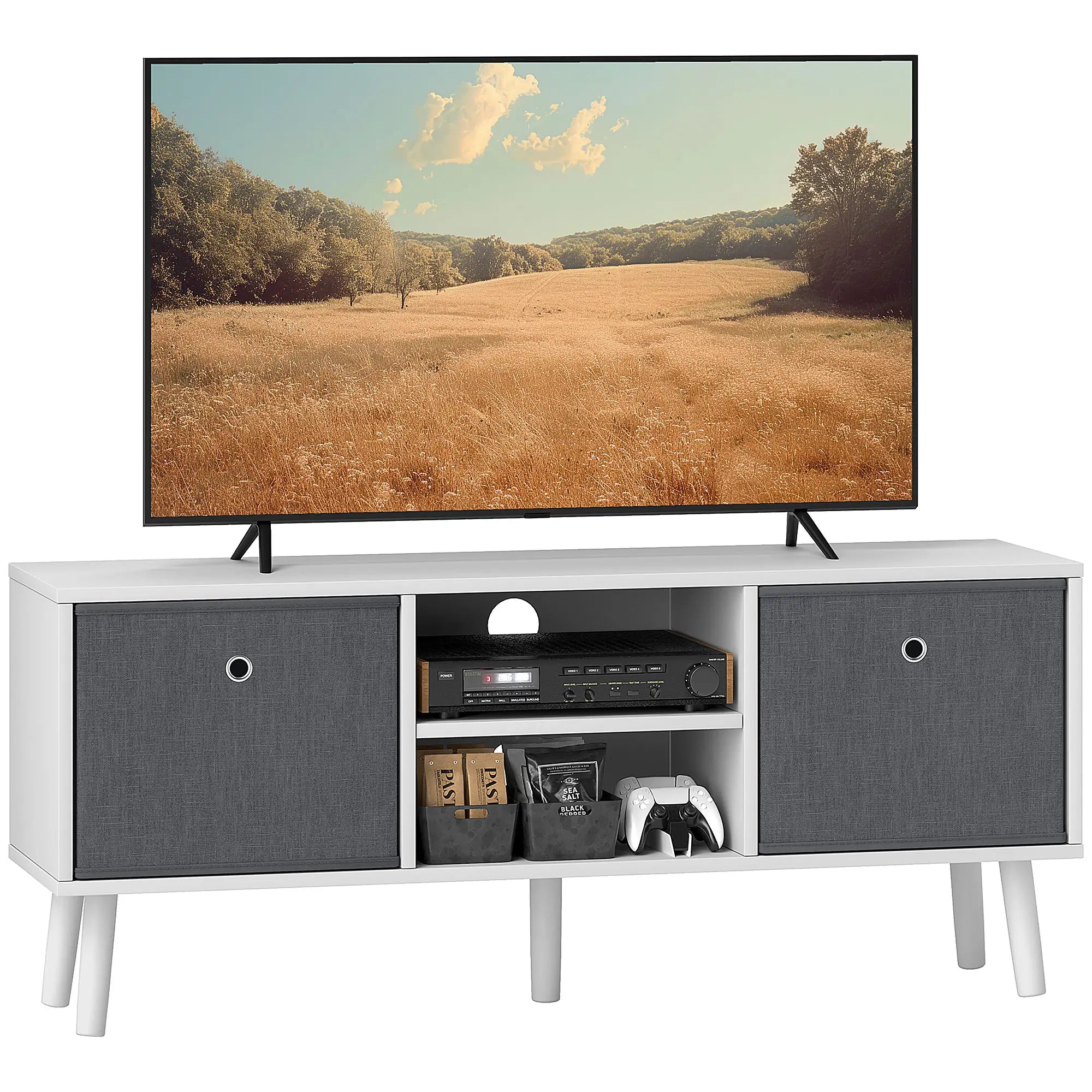 TV Stand for TVs up to 50 – White TV Cabinet with Foldable Drawers & Open Shelves, Modern Entertainment Unit