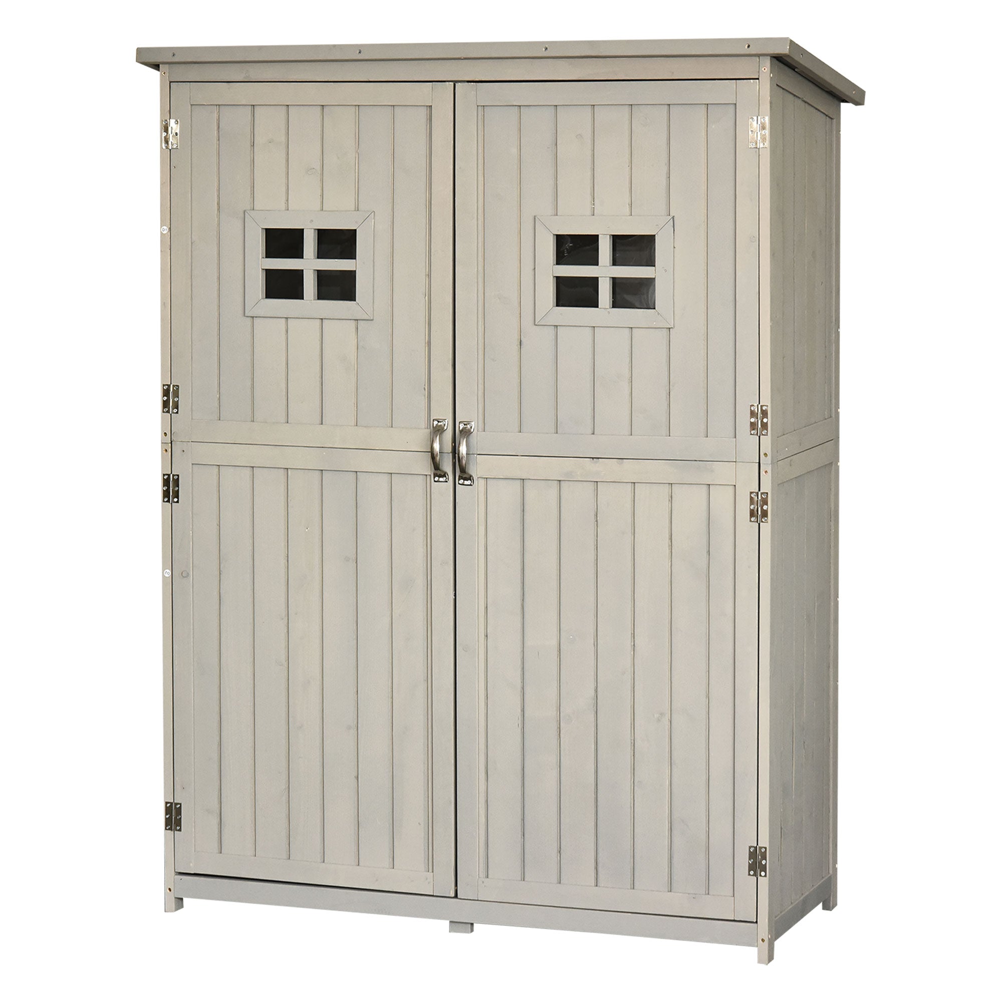Large Wooden Garden Storage Shed with Windows & Shelves – Fir Wood Outdoor Tool Cabinet, Double Door, Weather Resistant, Grey, 127.5 x 50 x 164 cm