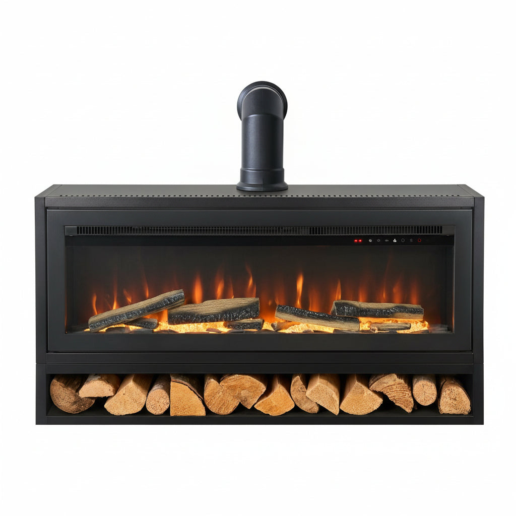 Acantha Vision Electric Media Stove with Log Store & Stove Pipe in Black