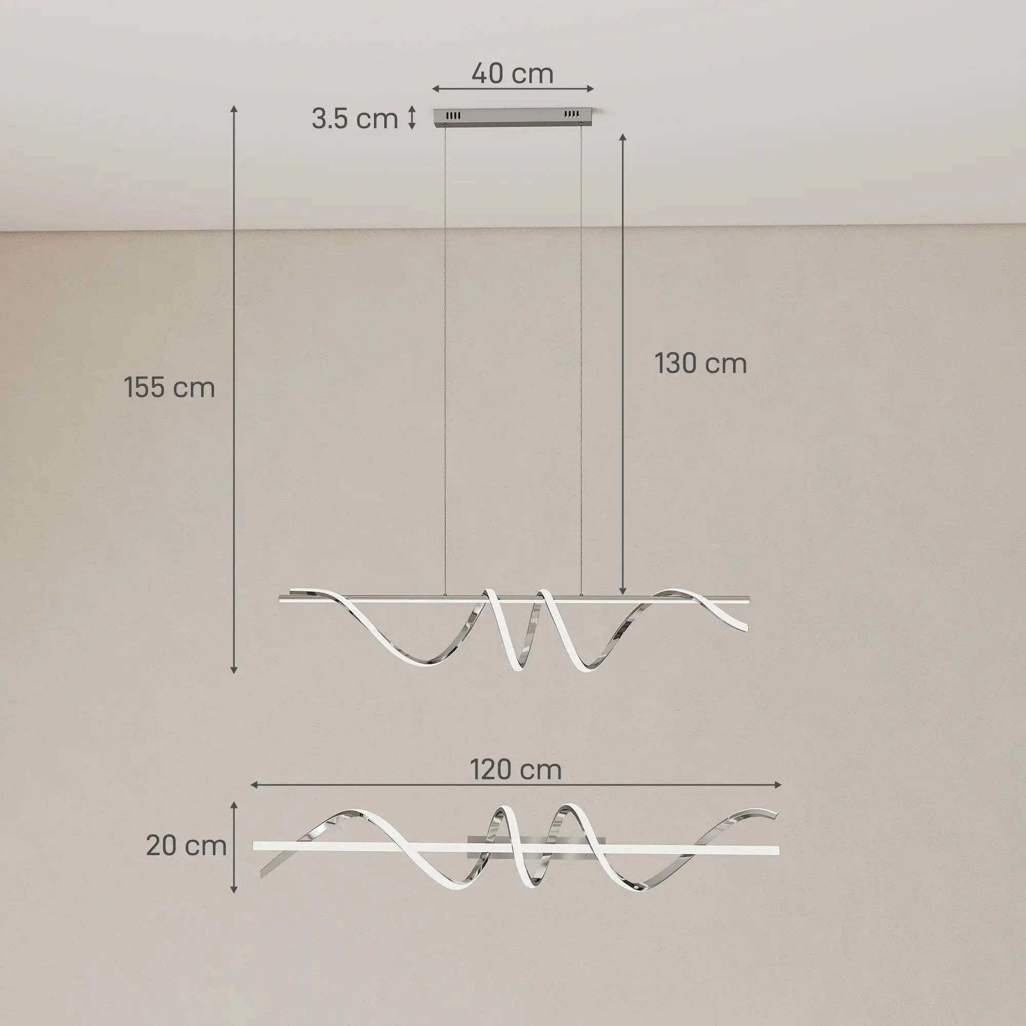 Modern LED Pendant Light with 3 Colour Temperatures – Silver, Adjustable Height, 45W, 3500 Lumens, 120 cm