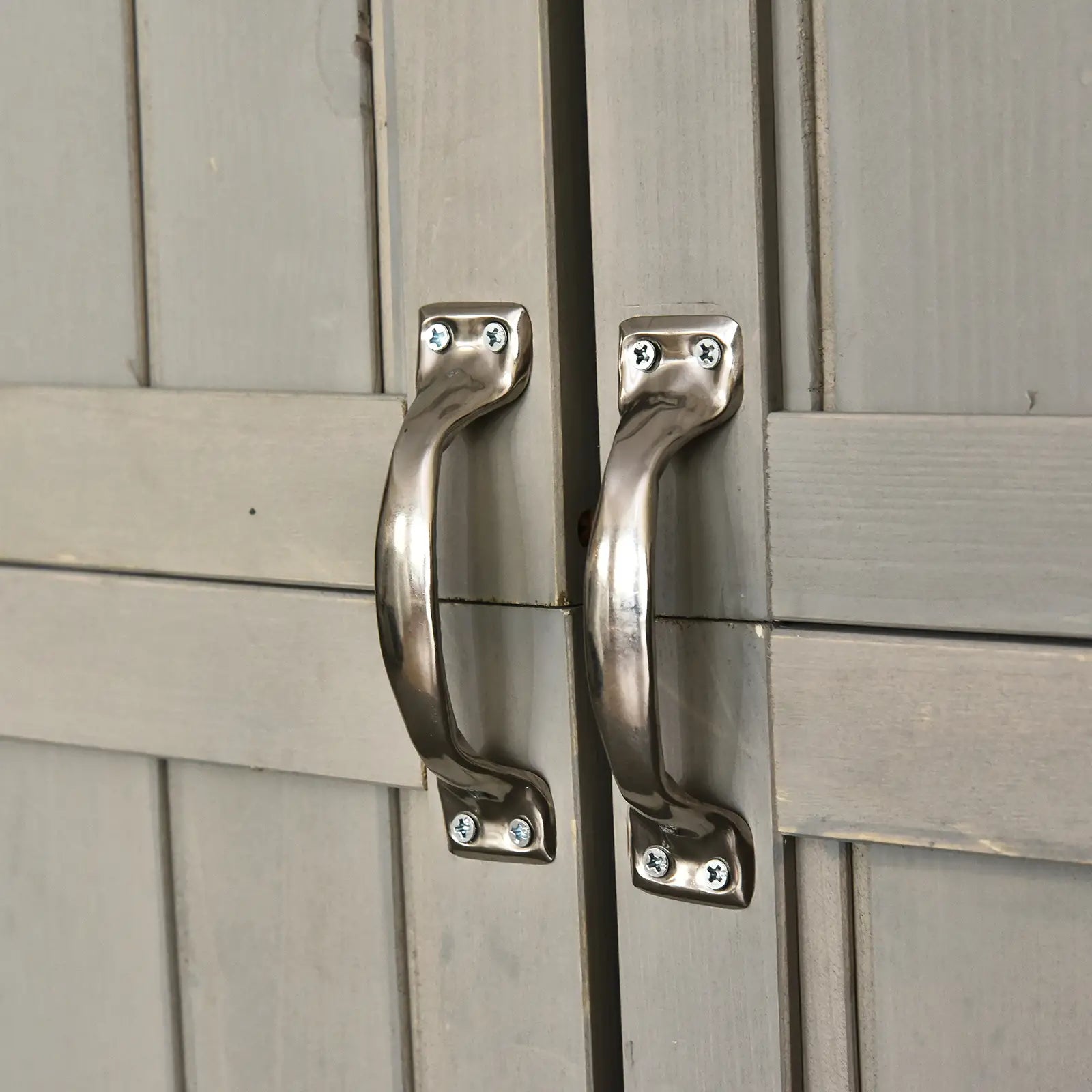 Large Wooden Garden Storage Shed with Windows & Shelves – Fir Wood Outdoor Tool Cabinet, Double Door, Weather Resistant, Grey, 127.5 x 50 x 164 cm