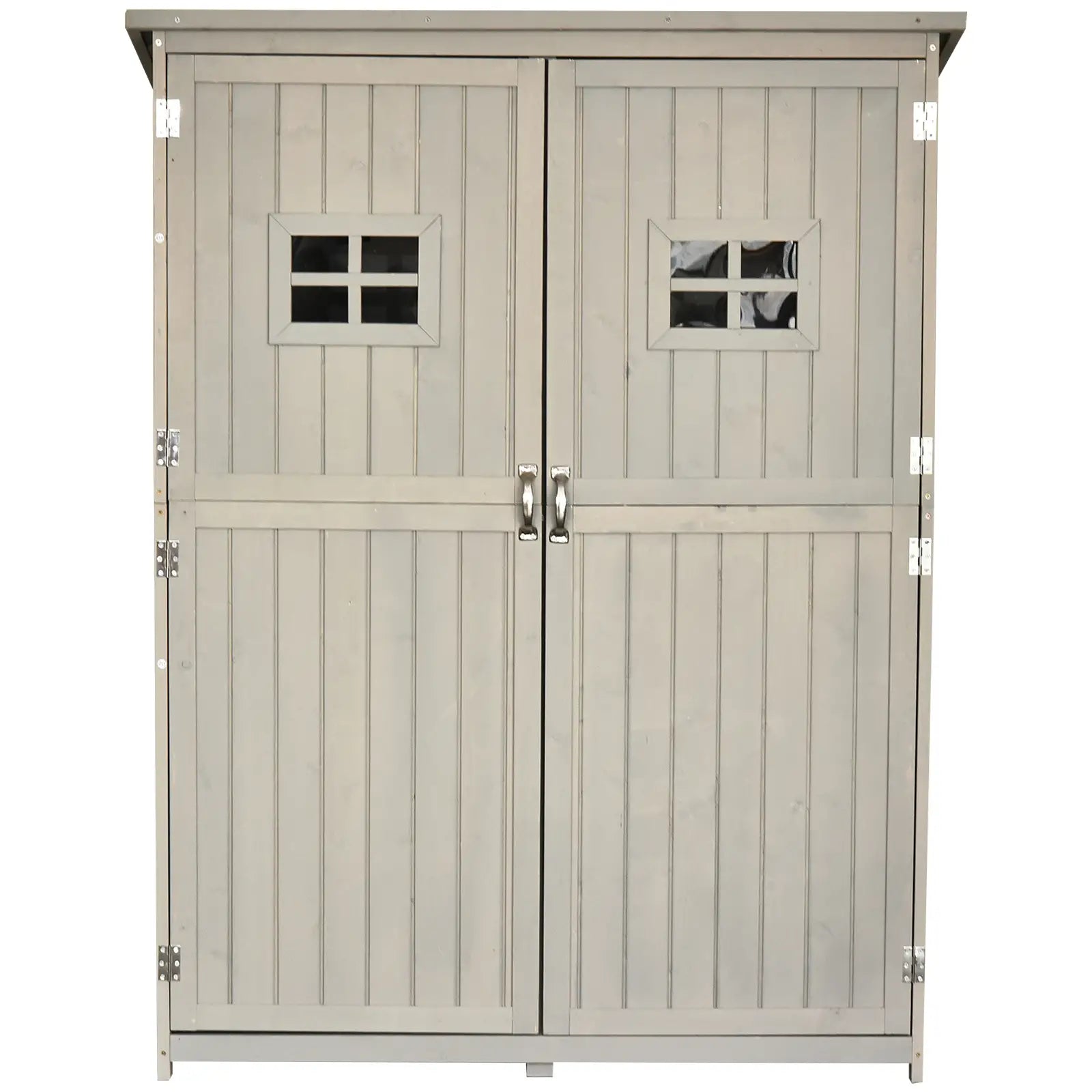 Large Wooden Garden Storage Shed with Windows & Shelves – Fir Wood Outdoor Tool Cabinet, Double Door, Weather Resistant, Grey, 127.5 x 50 x 164 cm