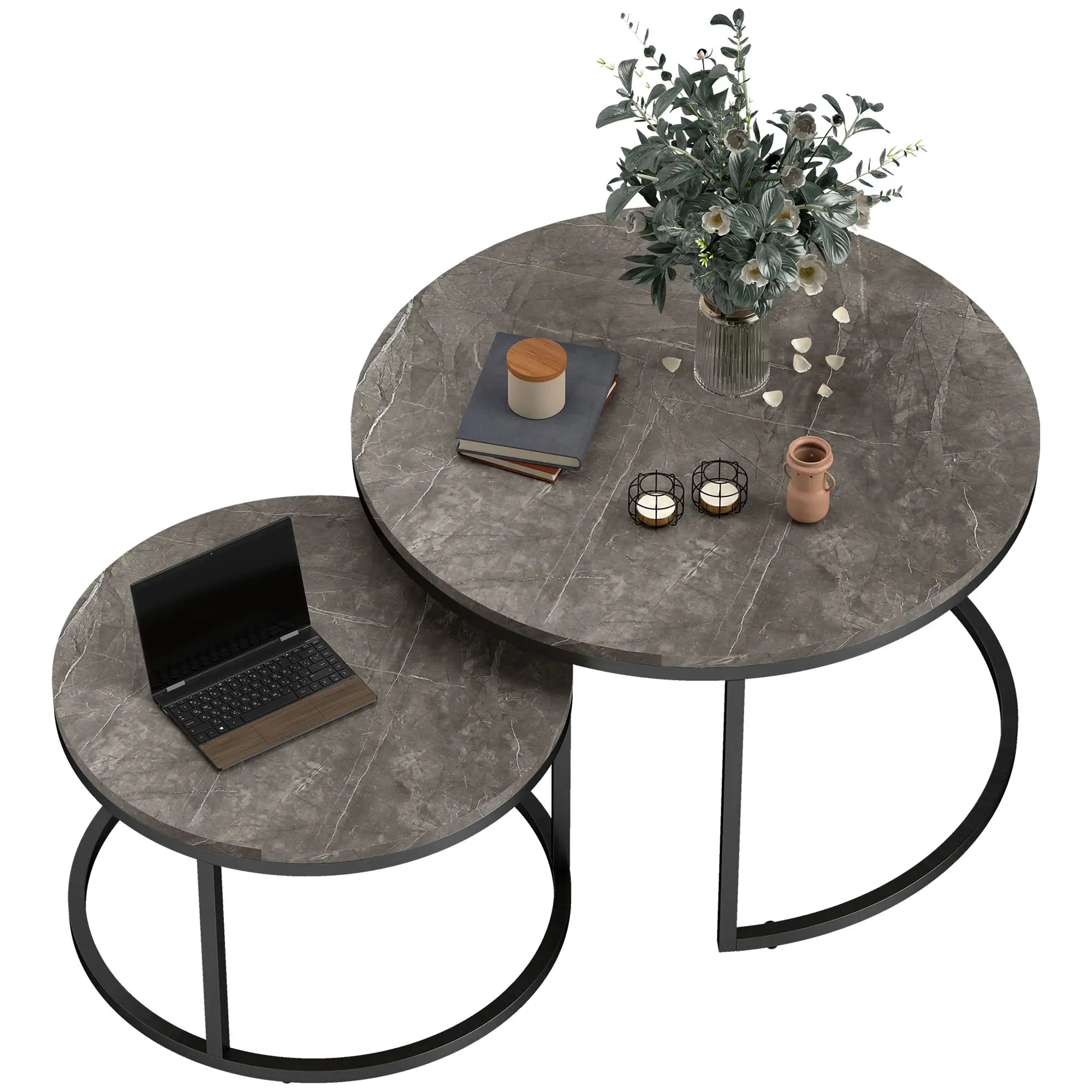 Industrial Nesting Coffee Tables Set of 2 – Round Faux Marble Top & Black Steel Frame, Space-Saving Living Room Tables