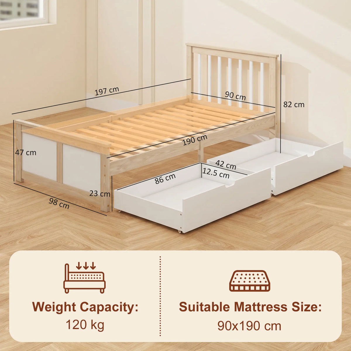 Natural Pine 3ft Single Storage Bed with Drawers