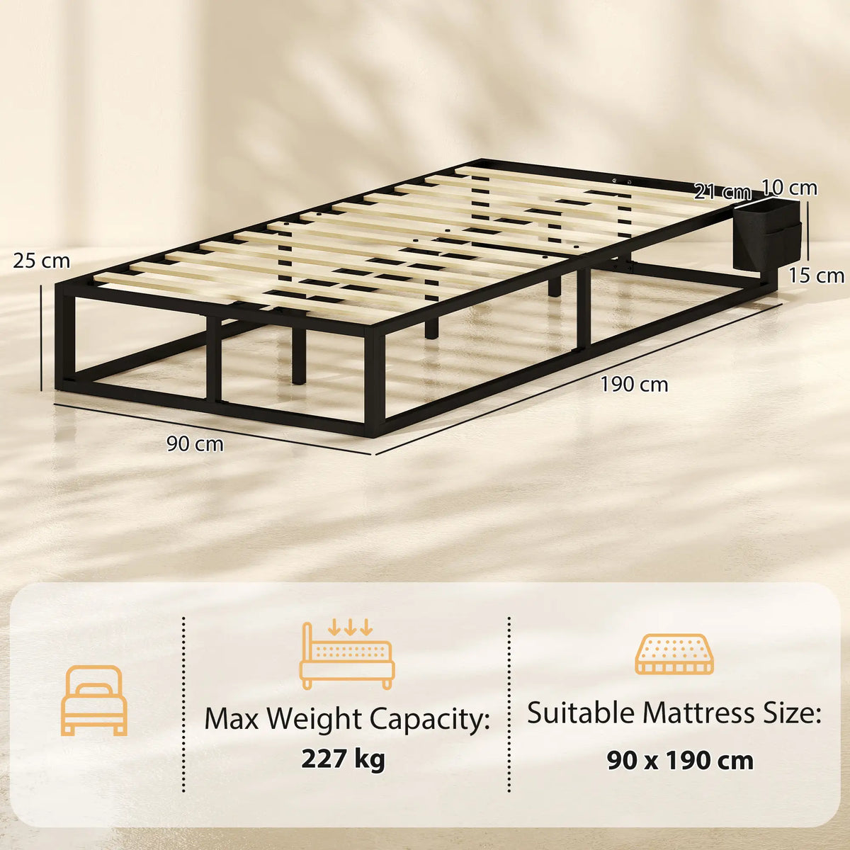 Black 3ft Single Metal Bed Frame with Storage Bag