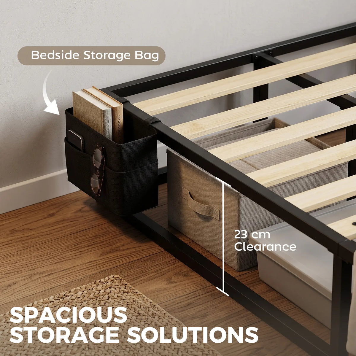Black 3ft Single Metal Bed Frame with Storage Bag