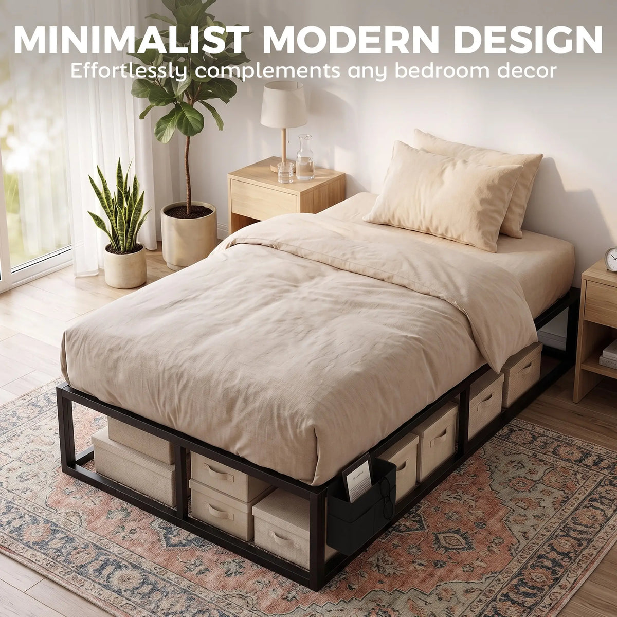 Black 3ft Single Metal Bed Frame with Storage Bag