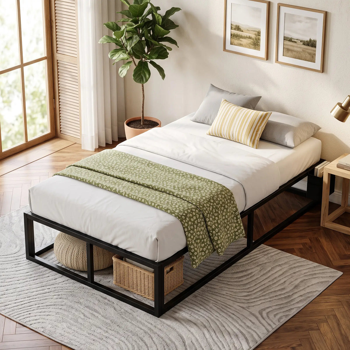 Black 3ft Single Metal Bed Frame with Storage Bag