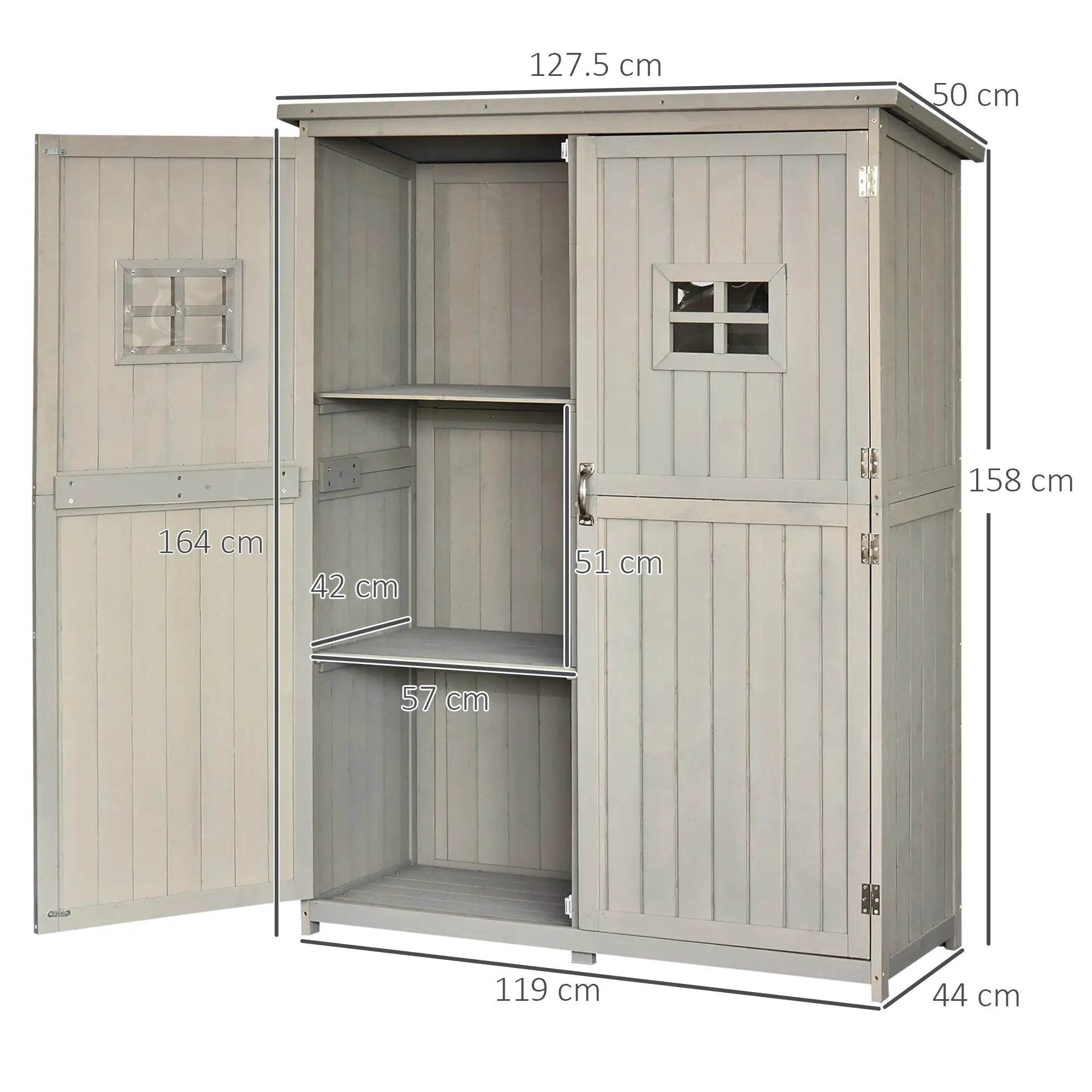 Large Wooden Garden Storage Shed with Windows & Shelves – Fir Wood Outdoor Tool Cabinet, Double Door, Weather Resistant, Grey, 127.5 x 50 x 164 cm