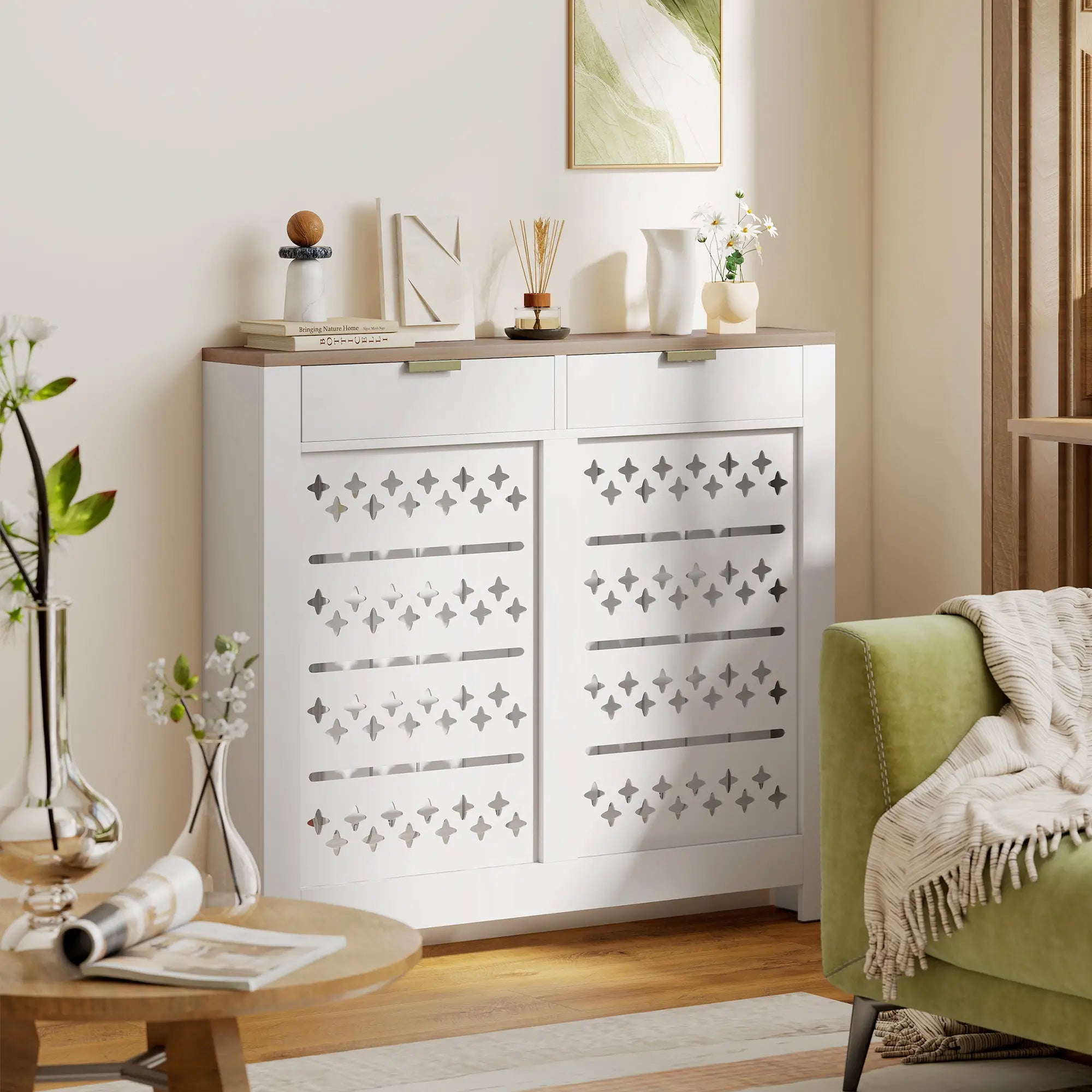 Modern Radiator Cover with 2 Flip-Down Drawers – White MDF Heater Cover Cabinet, 108 x 19 x 95.5 cm