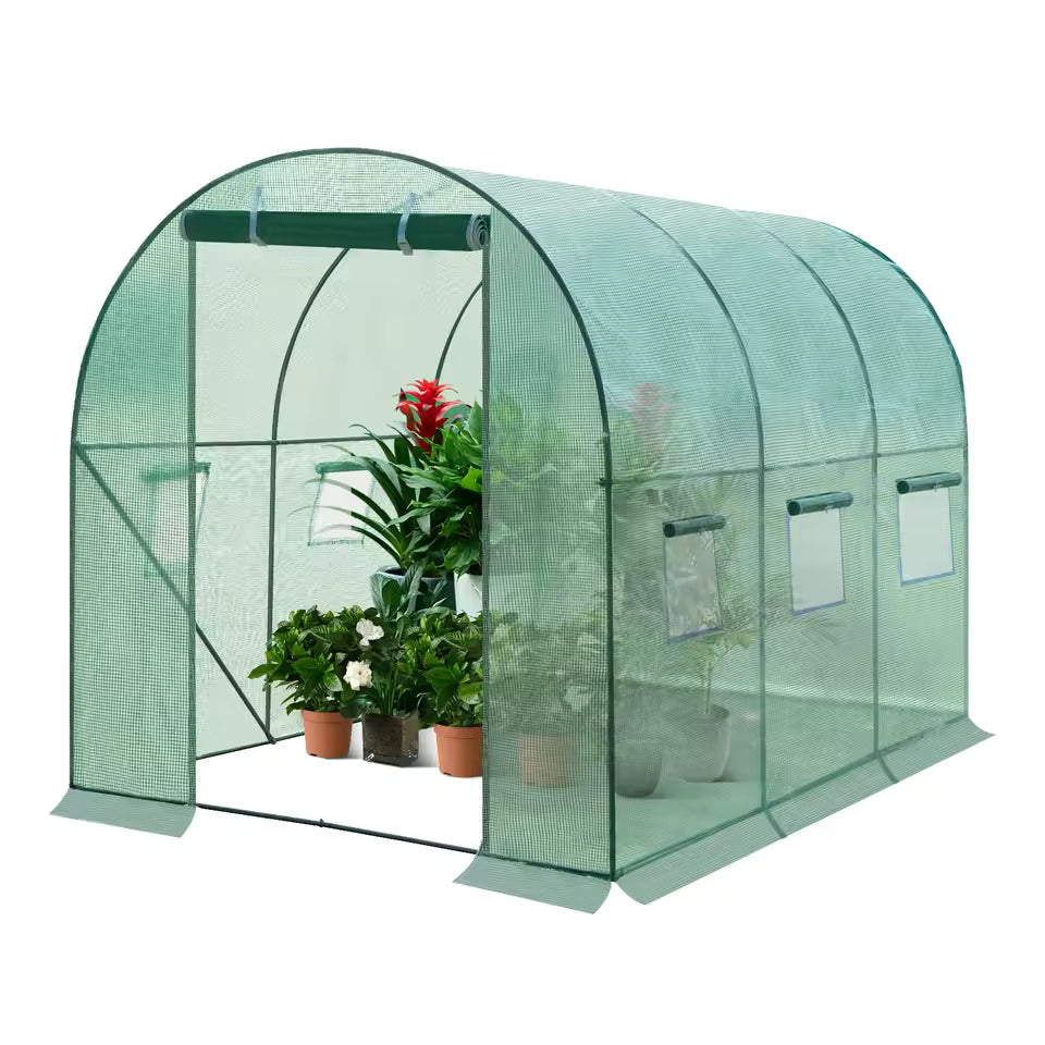 300×200×200cm Polytunnel Greenhouse – Winterproof Foil Greenhouse with Steel Frame, Door & 6 Windows