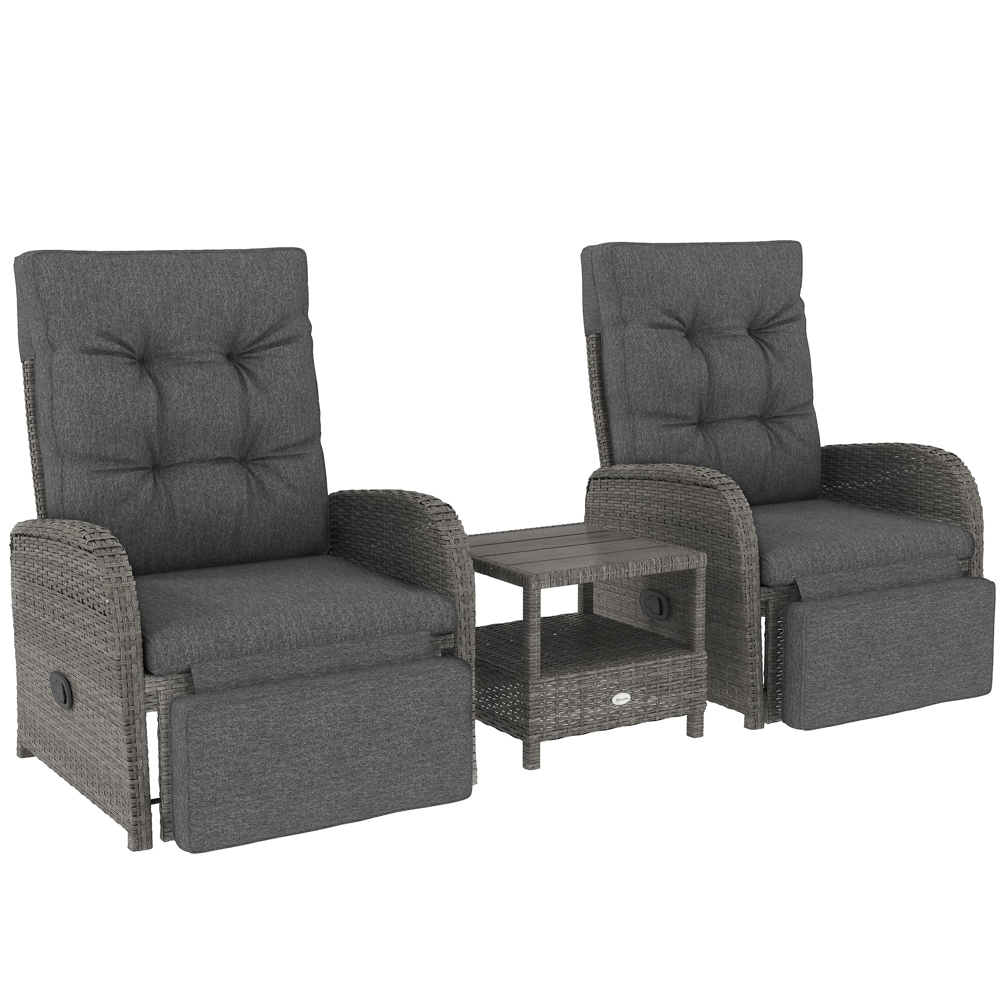 2 Seater Rattan Recliner Sofa Set with Cushions & Table, No Assembly Outdoor Wicker Lounge Chairs with Footrests, Adjustable Backrest – Grey