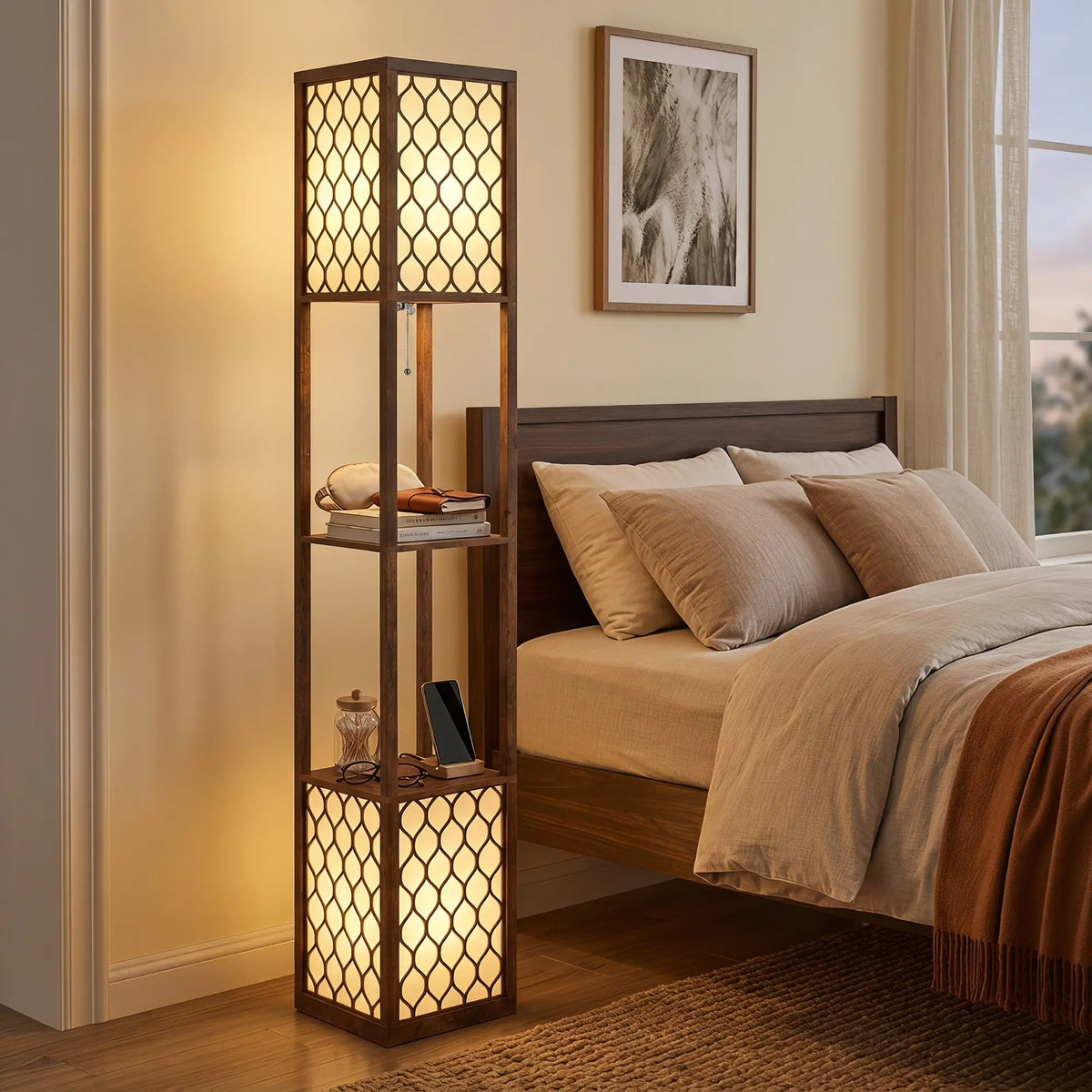 Rustic Brown Floor Lamp with Shelves