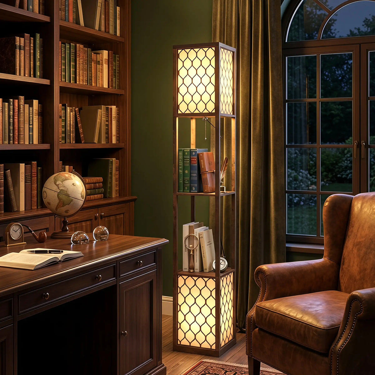 Rustic Brown Floor Lamp with Shelves