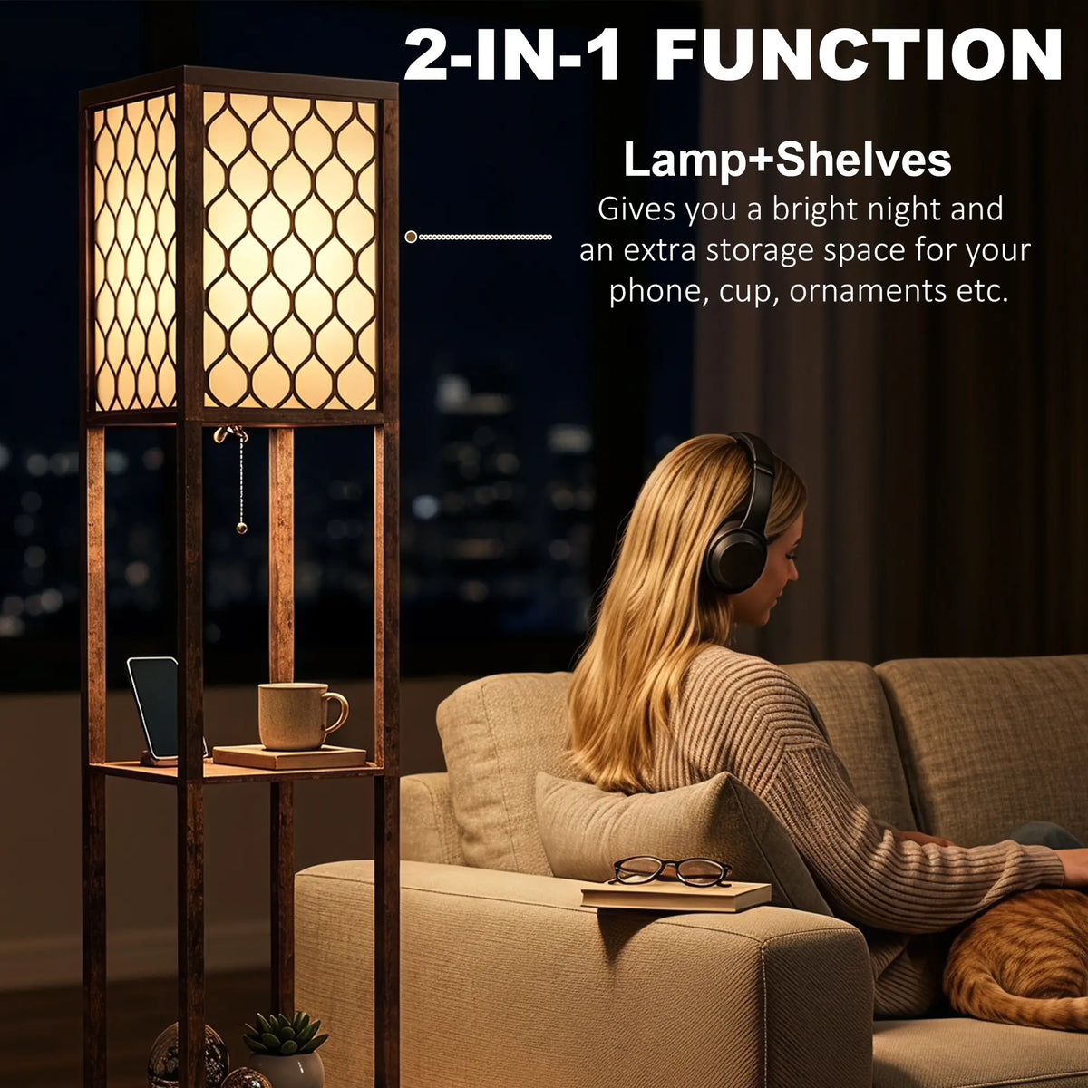 Rustic Brown Floor Lamp with Shelves