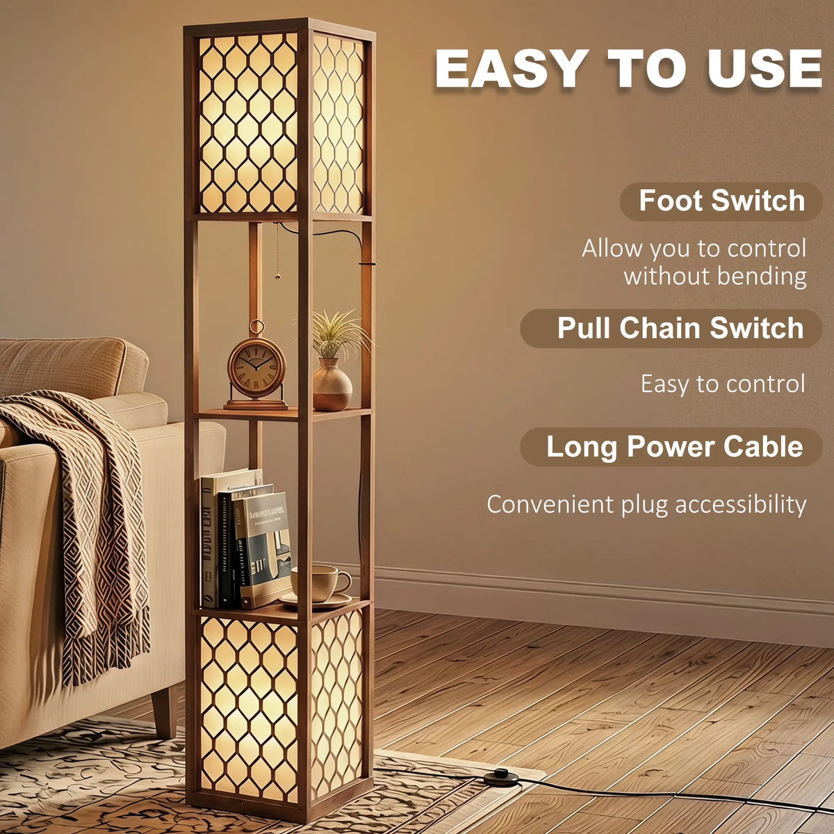 Rustic Brown Floor Lamp with Shelves
