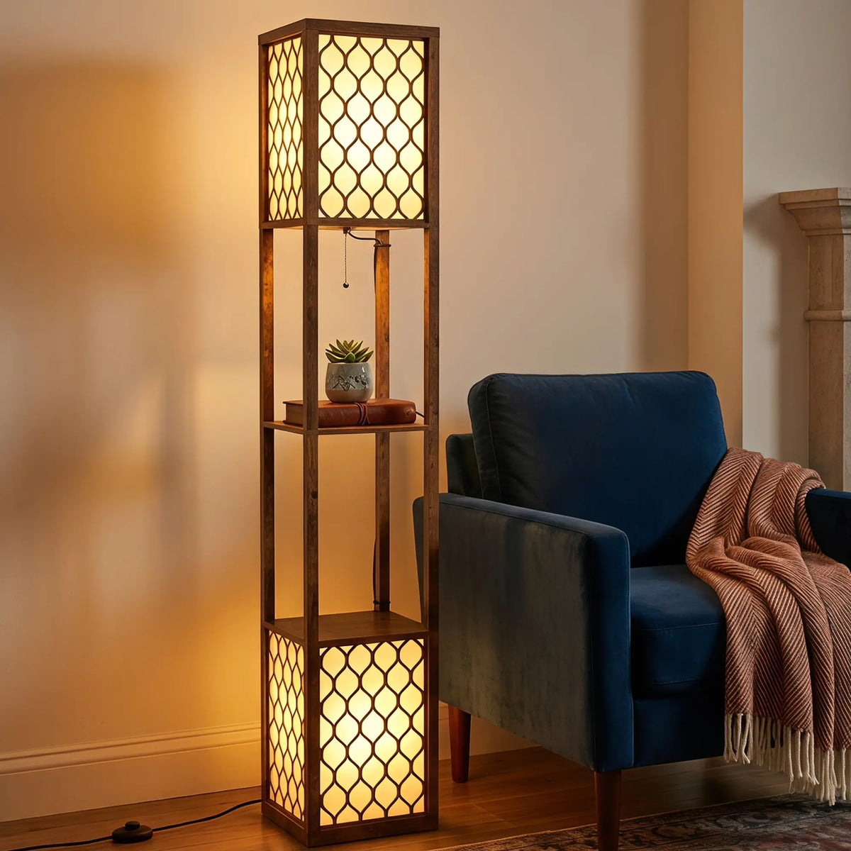 Rustic Brown Floor Lamp with Shelves