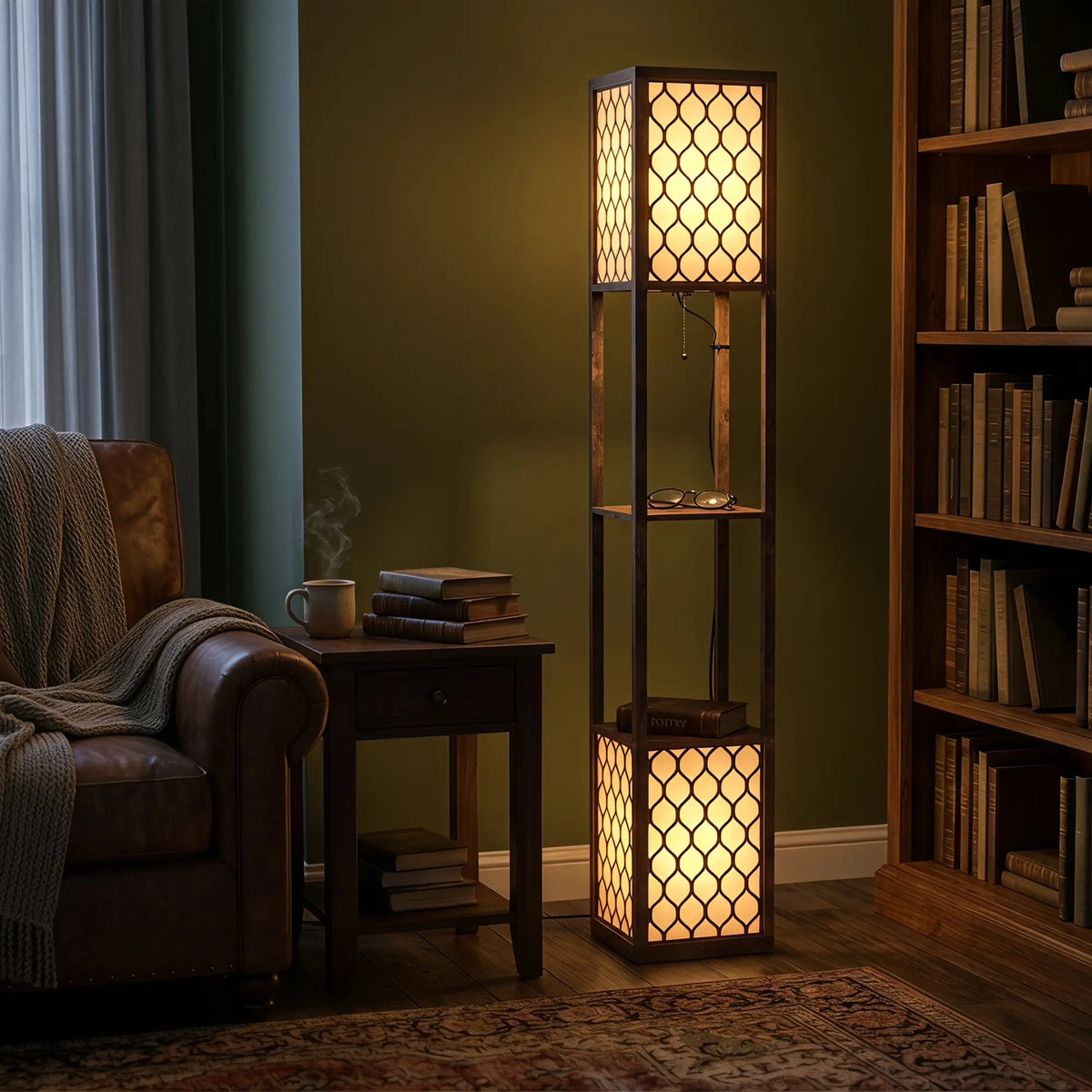 Rustic Brown Floor Lamp with Shelves