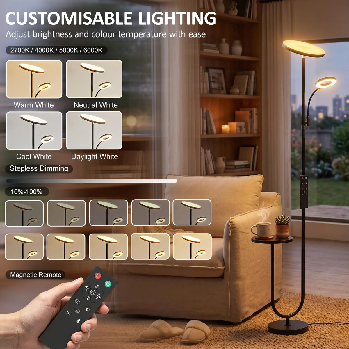 Uplighter Floor Lamp with Table & Reading Light