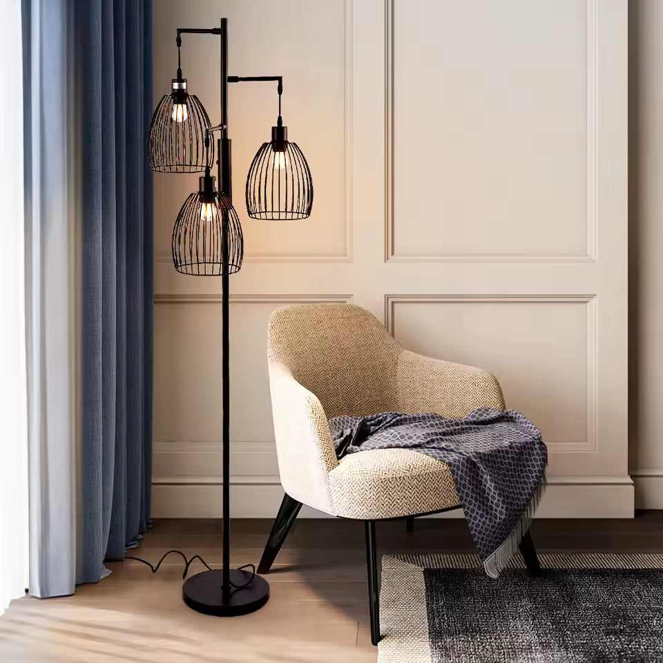 Black 3-Head Industrial Floor Lamp – Modern Metal Mesh Shade with Dimmer Switch