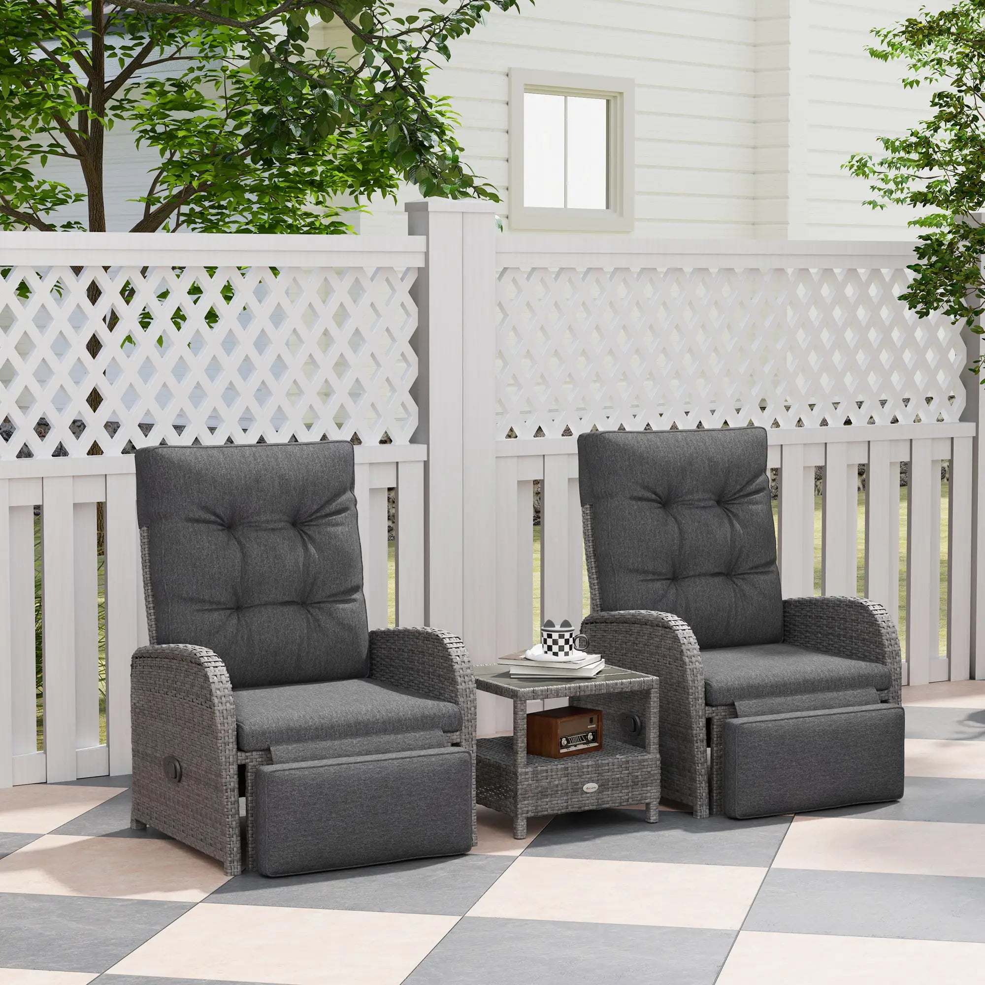 2 Seater Rattan Recliner Sofa Set with Cushions & Table, No Assembly Outdoor Wicker Lounge Chairs with Footrests, Adjustable Backrest – Grey