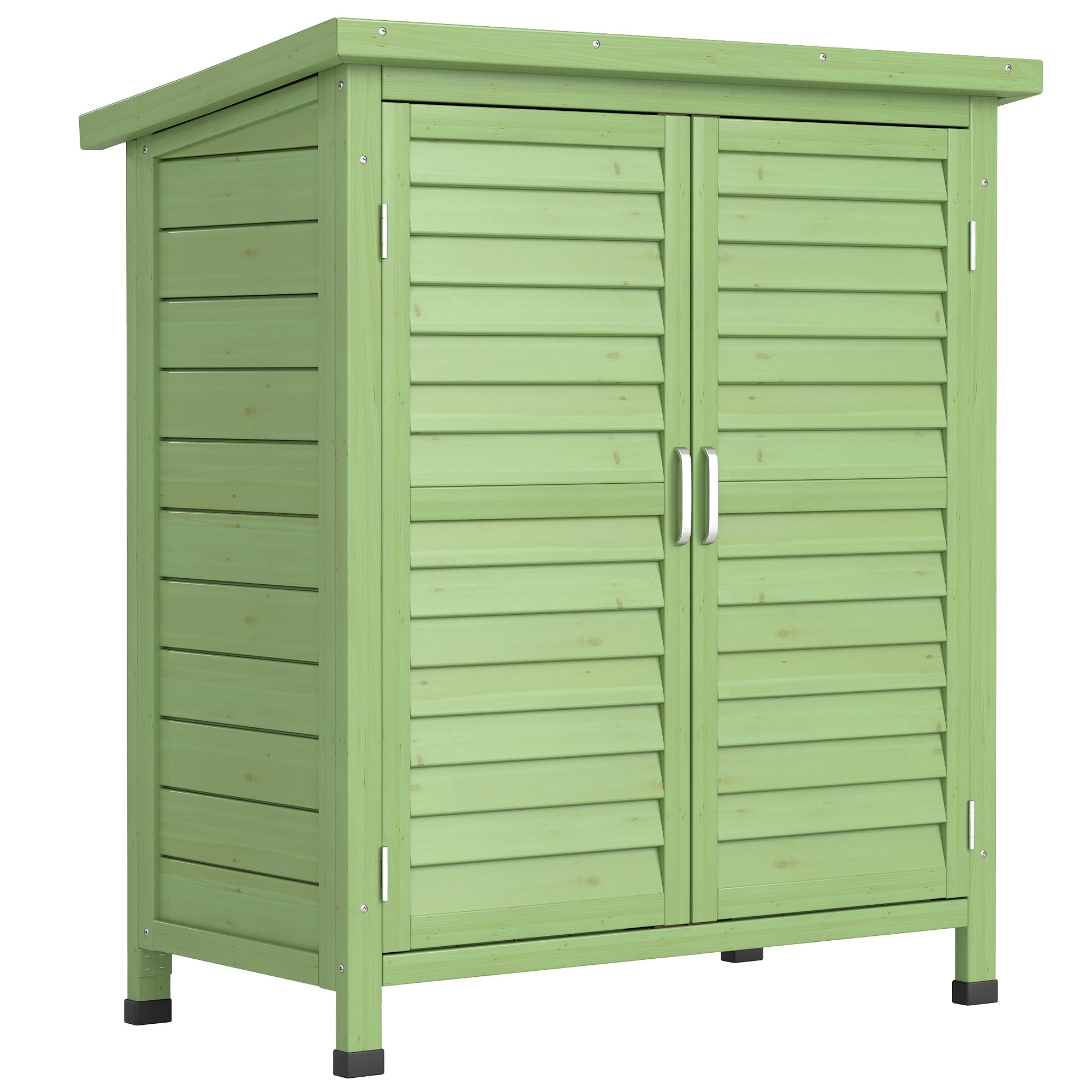 Wooden Garden Storage Shed with 2 Doors & Shelves – Solid Fir Wood Outdoor Tool Cabinet, Weather Resistant, Green, 87 x 46.5 x 96.5 cm