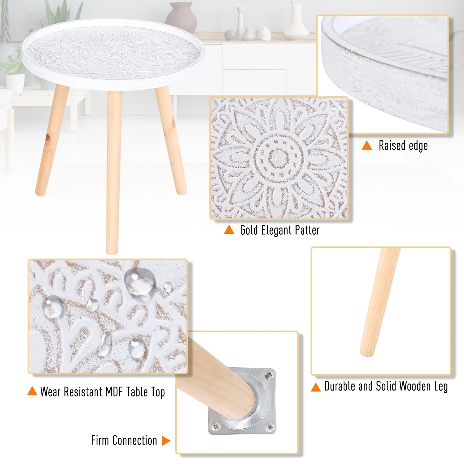 White Round Coffee Table with Carved Floral Top – Decorative Tray-Style Side Table with Wooden Legs for Living Room