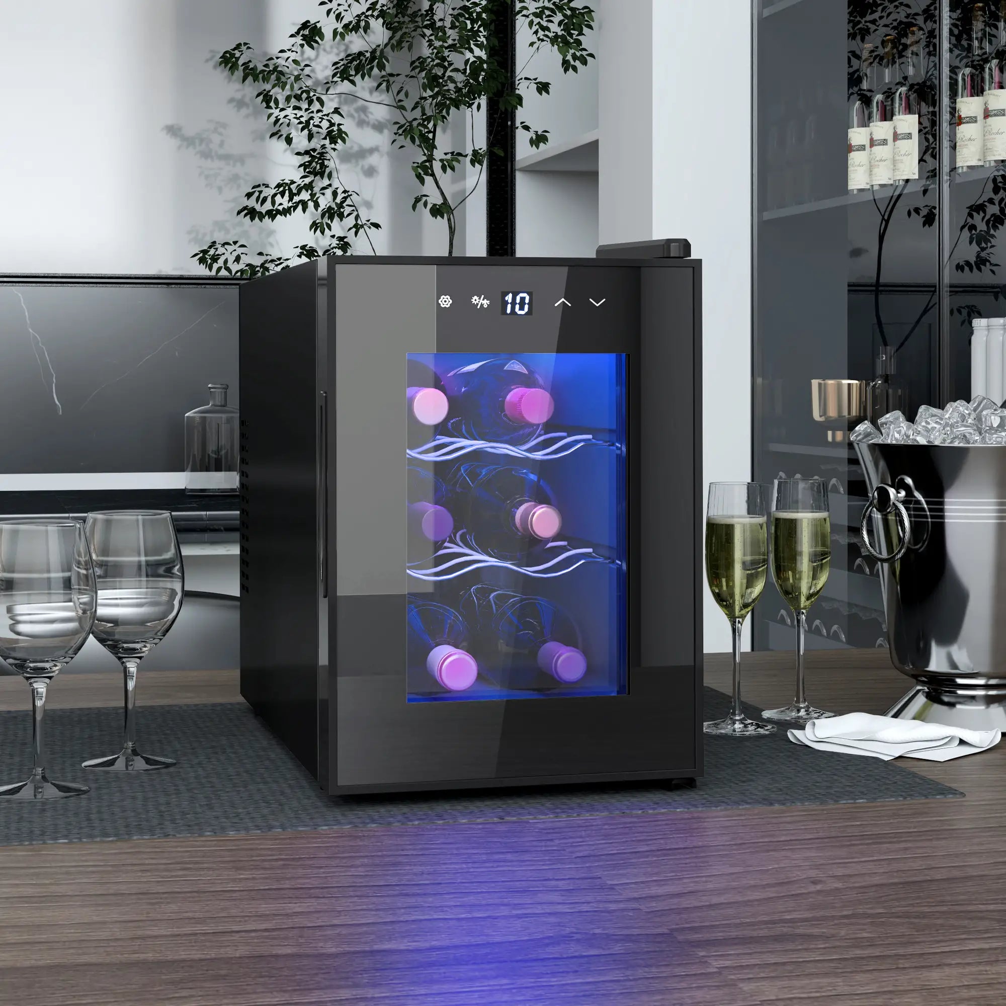 6-Bottle Countertop Wine Fridge – 8–18°C Touch Control Wine Cooler with UV Glass Door & Low Noise Operation, Black