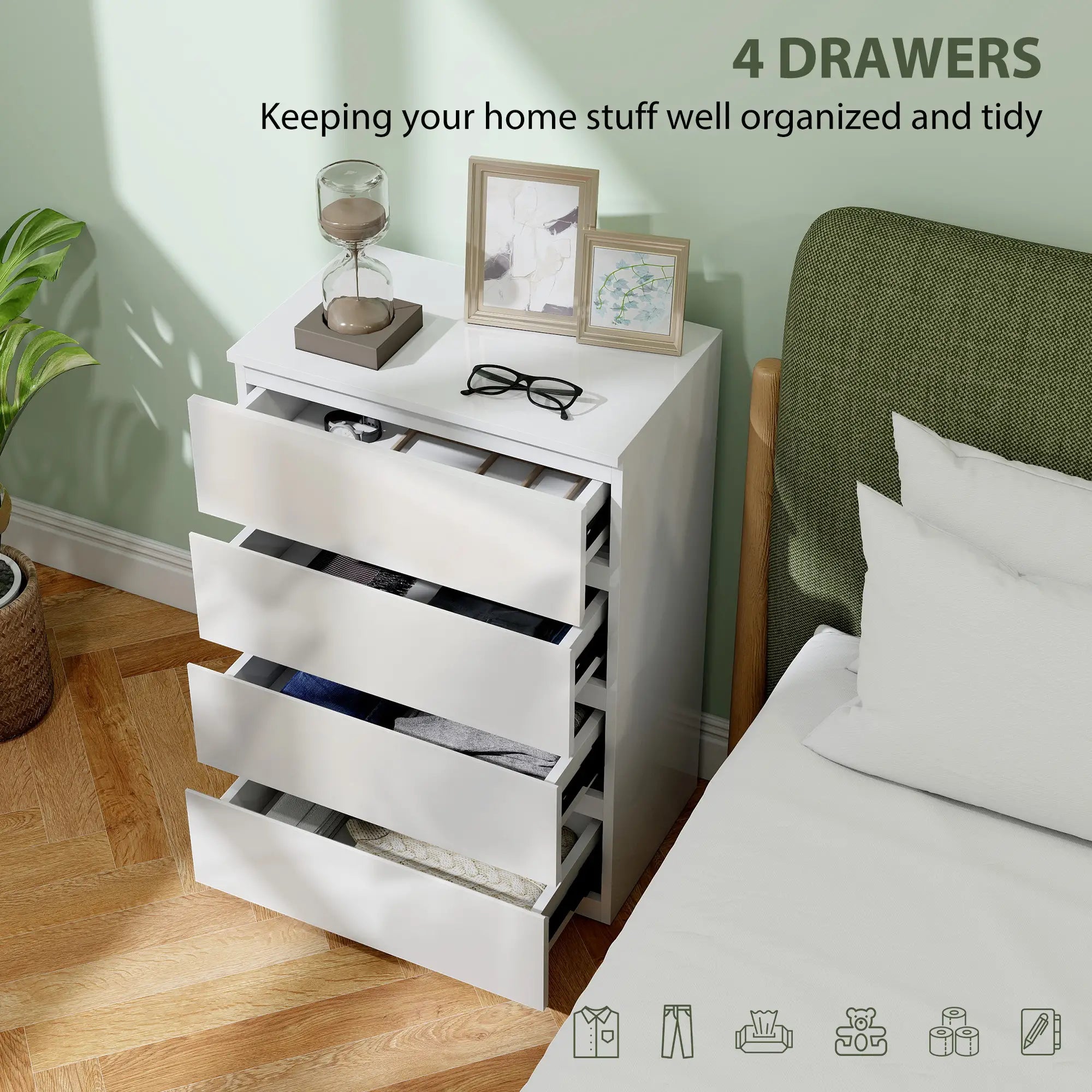 High Gloss Chest of Drawers – 4 Drawer Modern Storage Dresser for Bedroom & Living Room, White, 80 cm