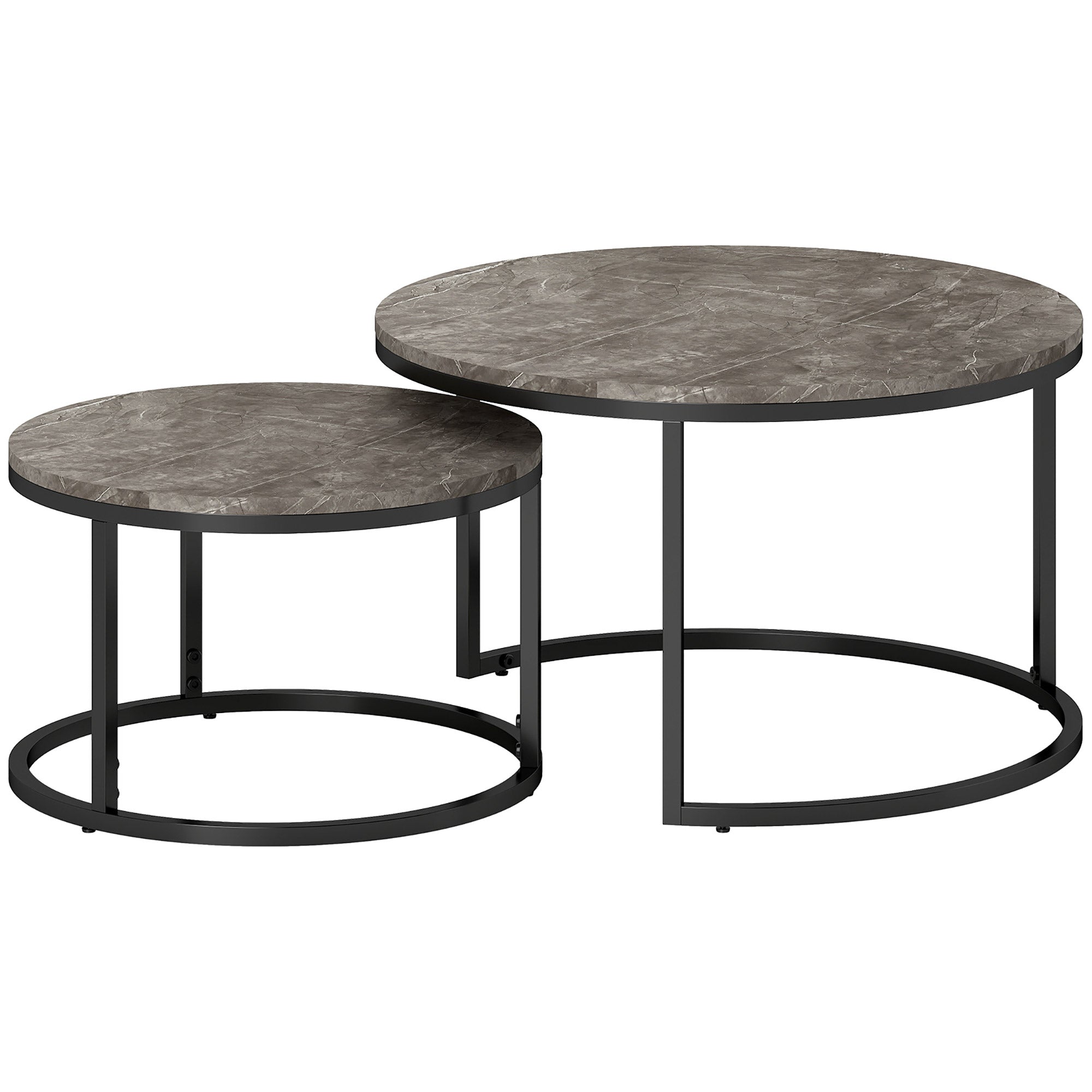 Industrial Nesting Coffee Tables Set of 2 – Round Faux Marble Top & Black Steel Frame, Space-Saving Living Room Tables