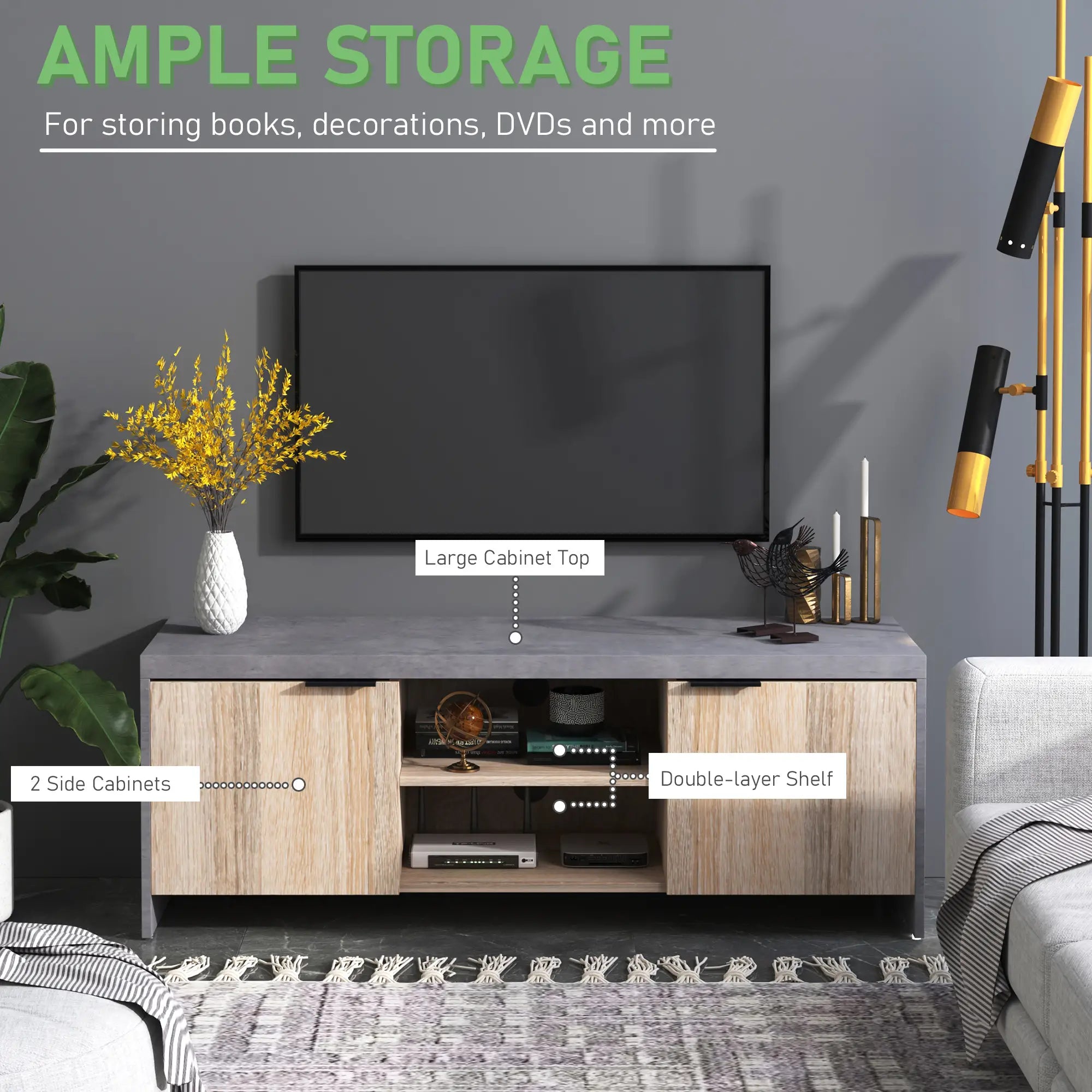 TV Stand for TVs up to 55" – Grey TV Unit with 2 Doors & Open Shelves, Modern Entertainment Cabinet (120cm)