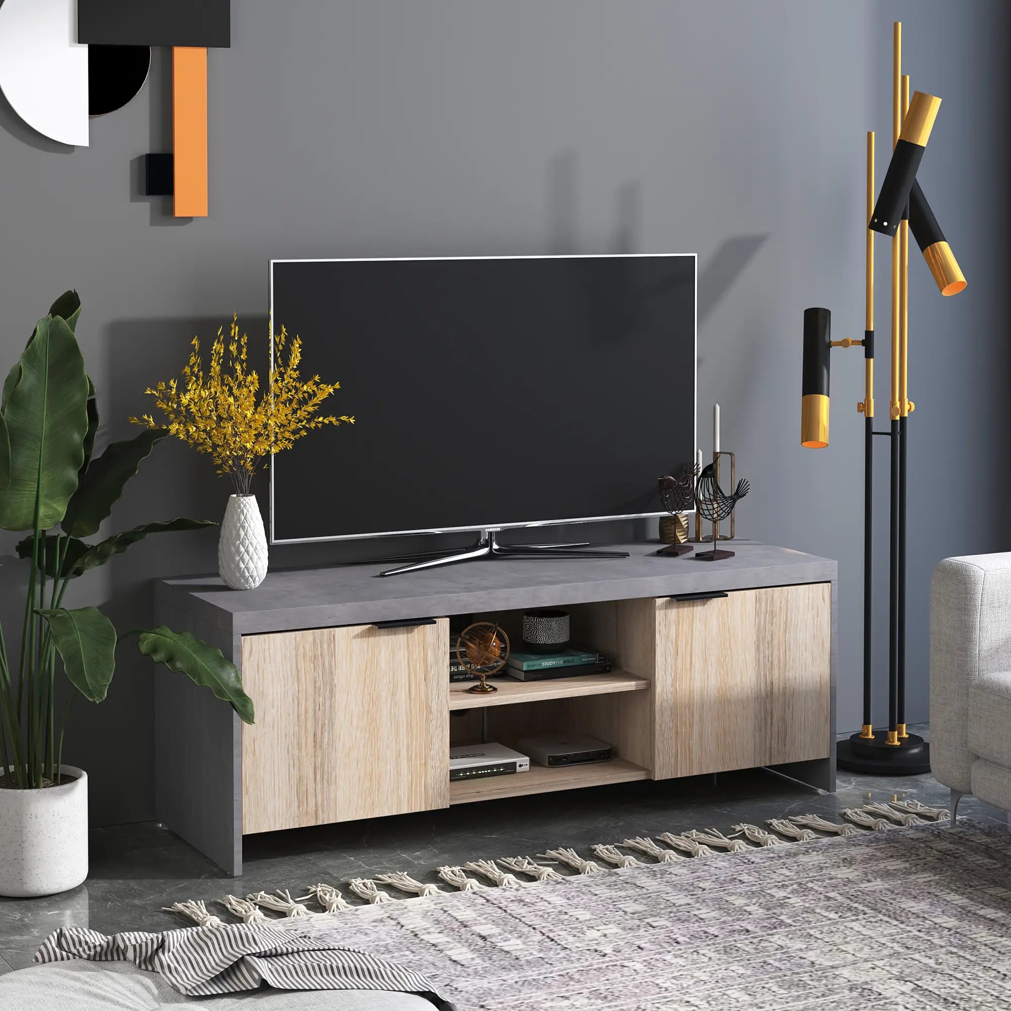 TV Stand for TVs up to 55" – Grey TV Unit with 2 Doors & Open Shelves, Modern Entertainment Cabinet (120cm)