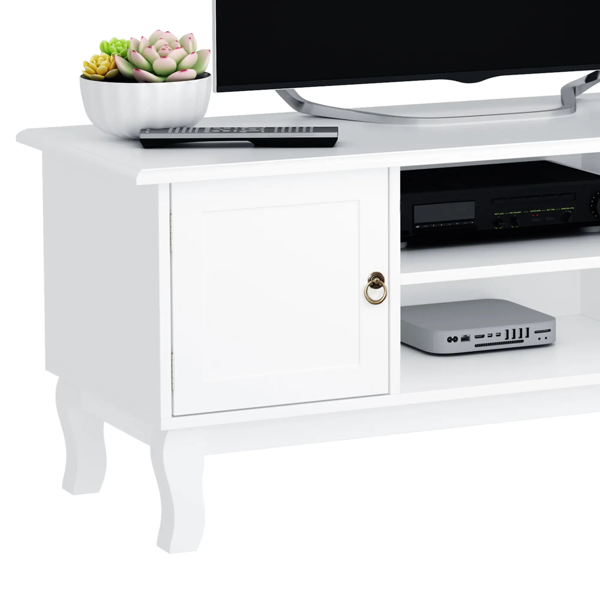 White TV Unit for TVs up to 55" – Modern TV Cabinet with 2 Doors, Open Shelves & Cable Management, 120cm Entertainment Unit
