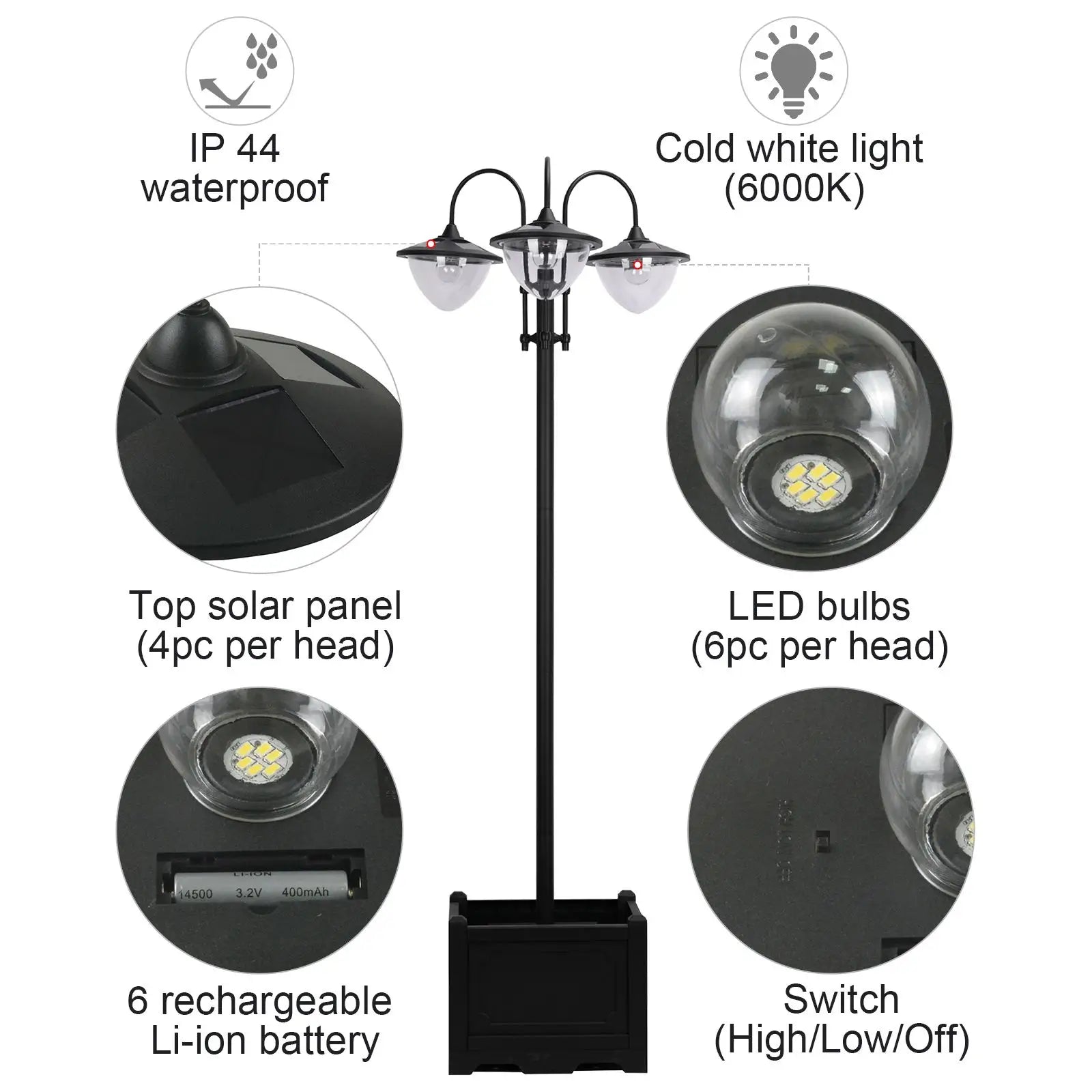 189cm 3-Head Solar Lamp Post with Planter Base, Automatic On/Off Outdoor LED Street Light, IP44 Waterproof Garden Lighting – Black
