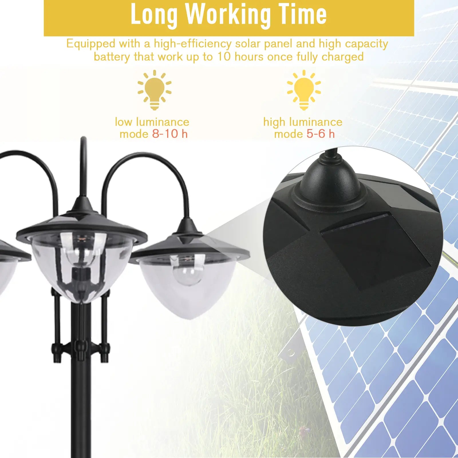 189cm 3-Head Solar Lamp Post with Planter Base, Automatic On/Off Outdoor LED Street Light, IP44 Waterproof Garden Lighting – Black