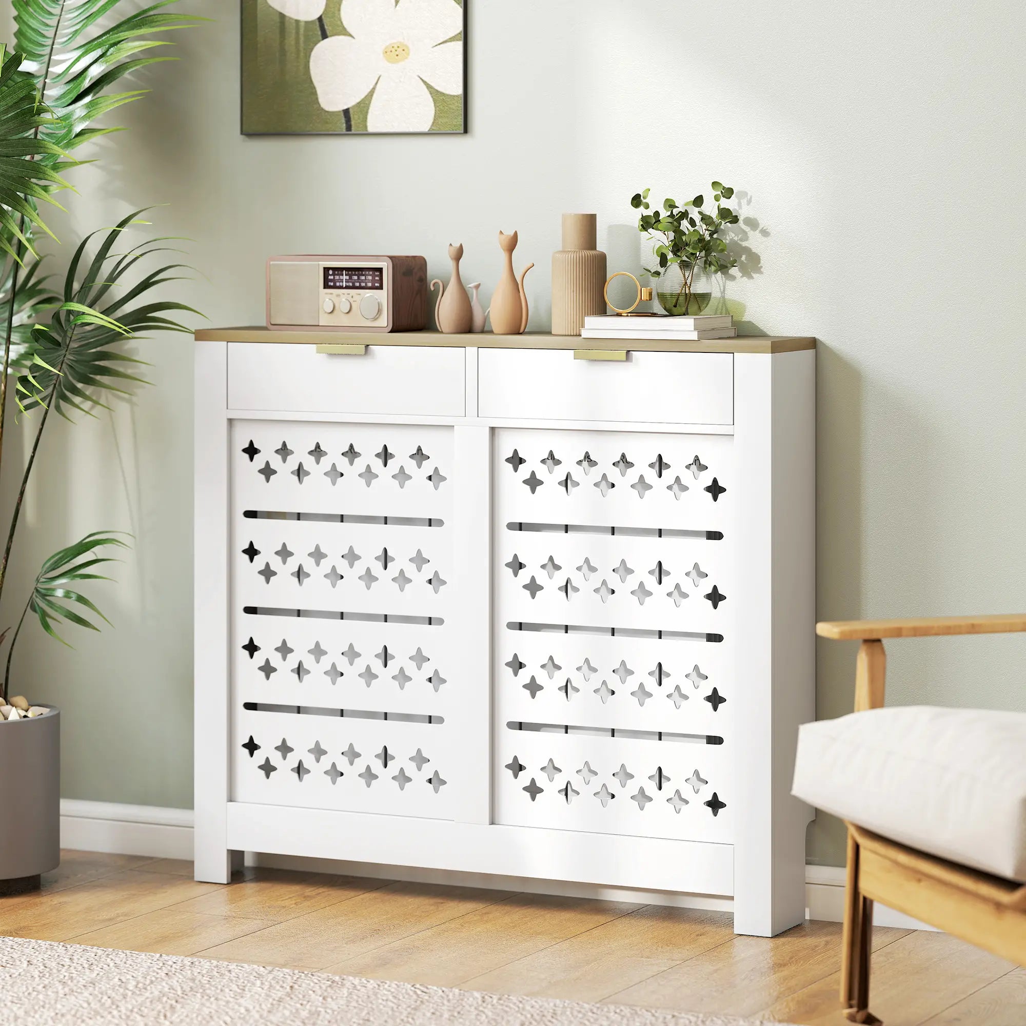 Modern Radiator Cover with 2 Flip-Down Drawers – White MDF Heater Cover Cabinet, 108 x 19 x 95.5 cm
