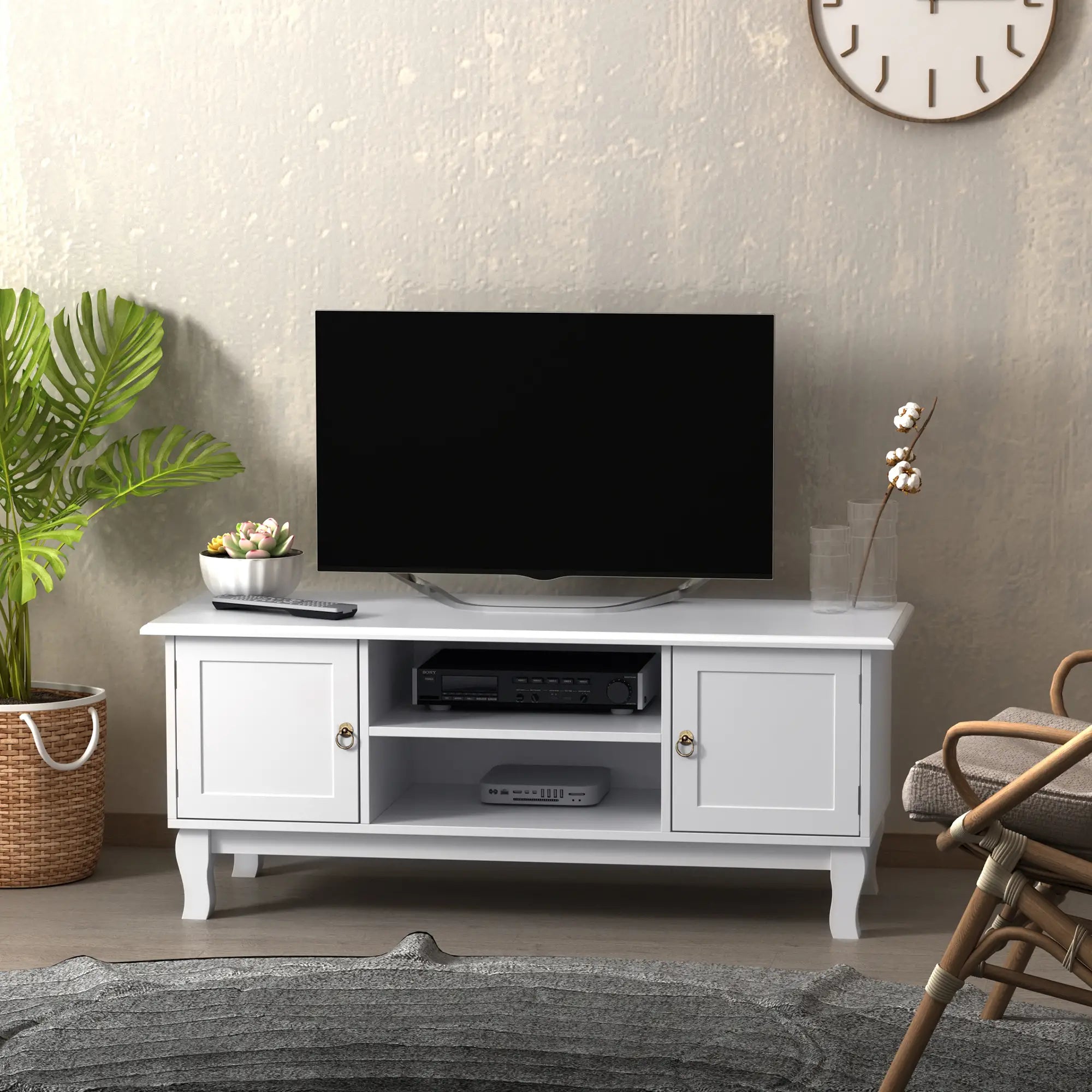 White TV Unit for TVs up to 55" – Modern TV Cabinet with 2 Doors, Open Shelves & Cable Management, 120cm Entertainment Unit