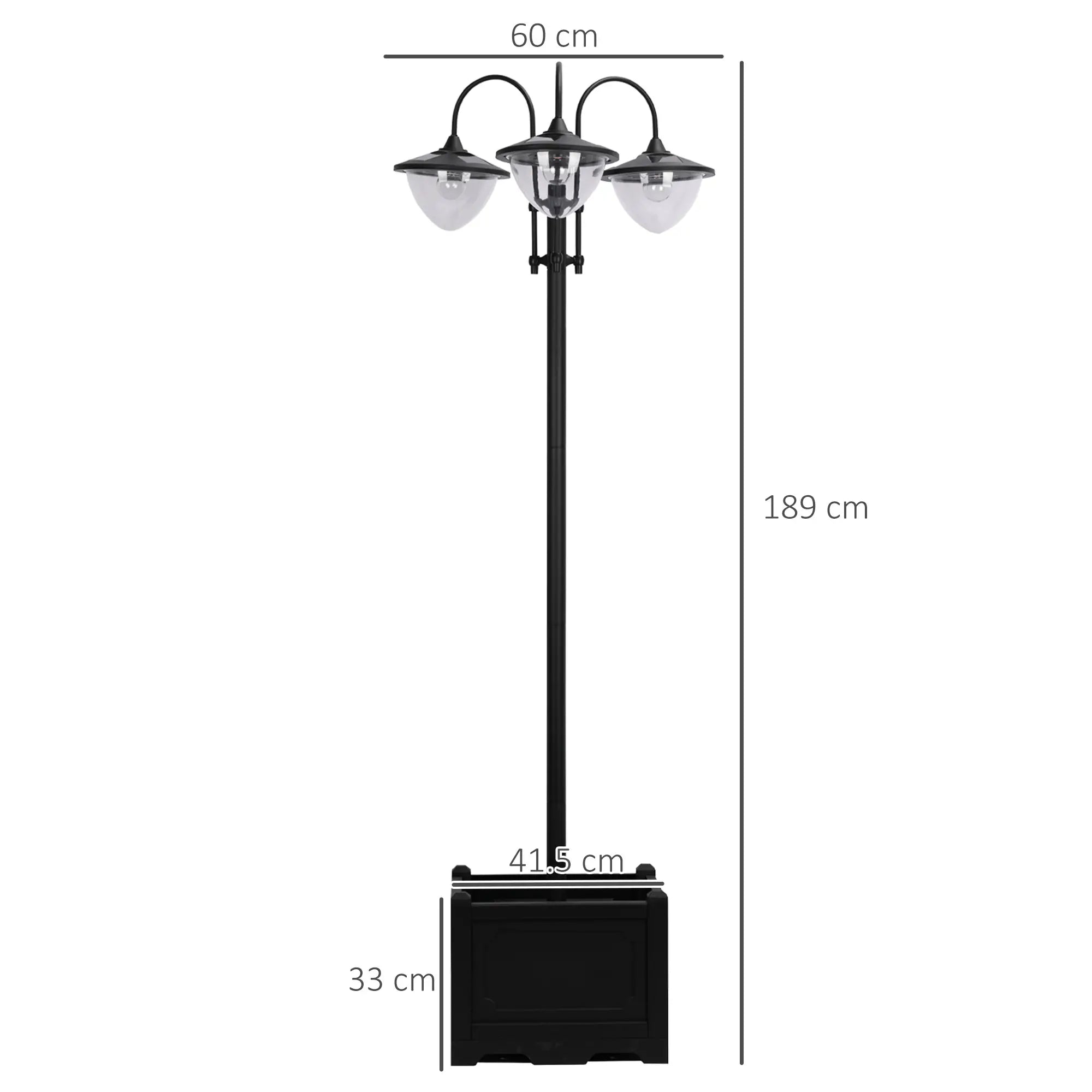 189cm 3-Head Solar Lamp Post with Planter Base, Automatic On/Off Outdoor LED Street Light, IP44 Waterproof Garden Lighting – Black